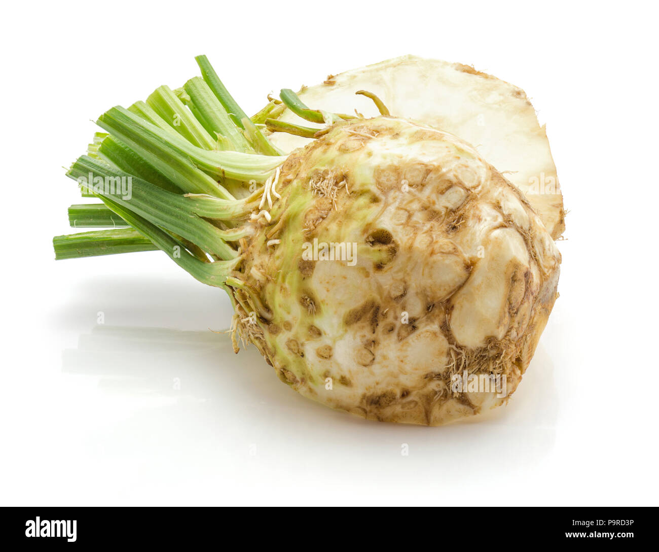 Sliced fresh celery root isolated on white background two halves Stock Photo