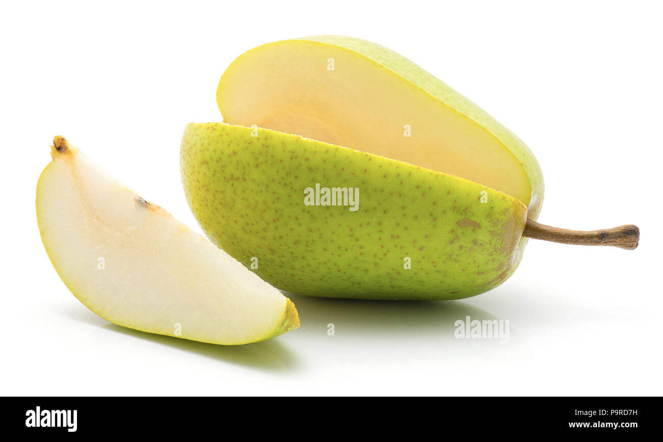 Open green pear with one slice isolated on white background Stock Photo ...