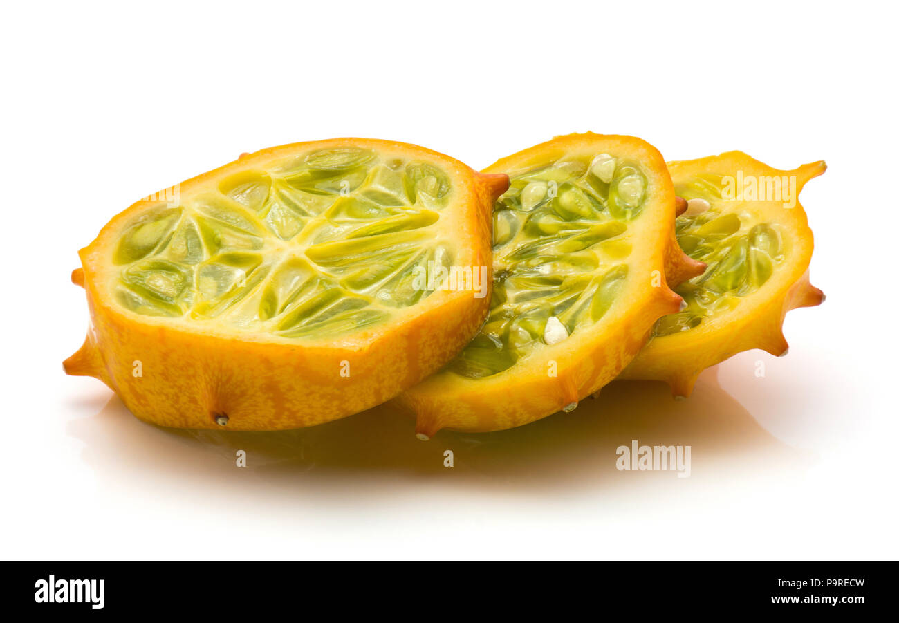 Three kiwano slices isolated on white background Stock Photo