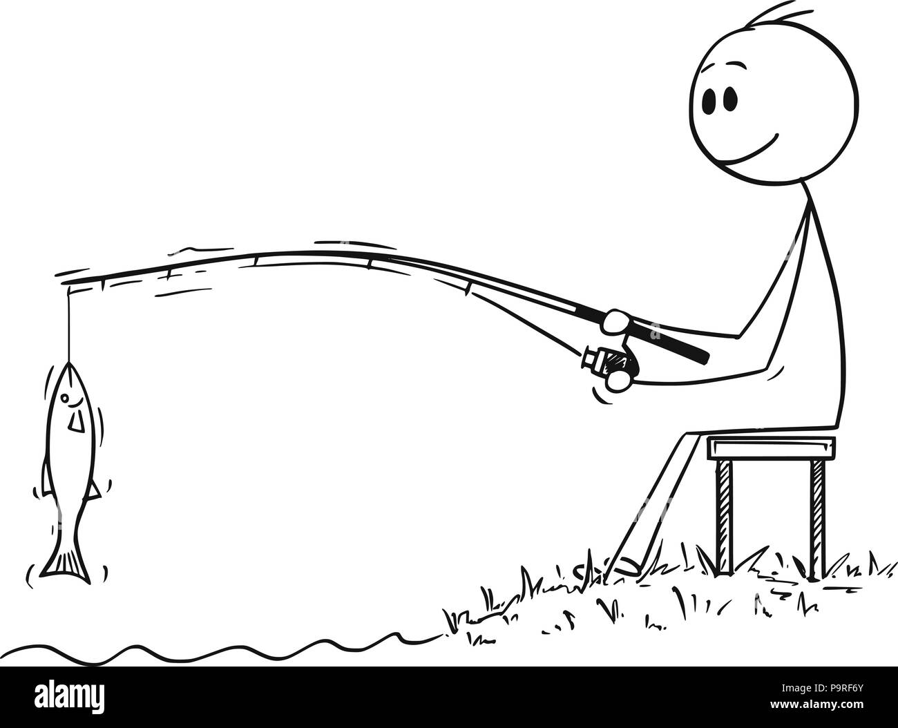 Cartoon Of Man Or Fisherman Fishing On The River Or Lake Shore