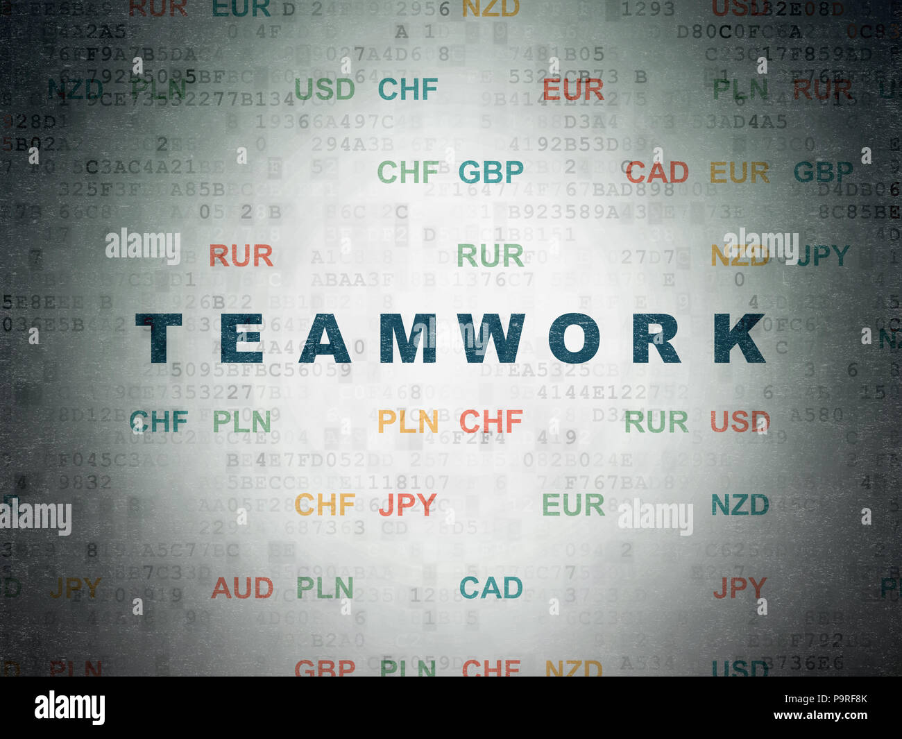 Finance concept: Painted blue text Teamwork on Digital Data Paper background with Currency Stock Photo