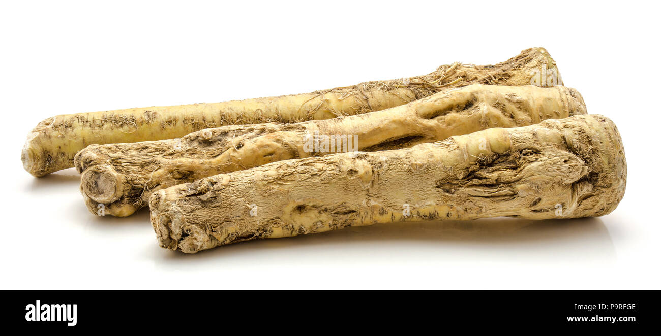 Three fresh horseradish roots isolated on white background Stock Photo