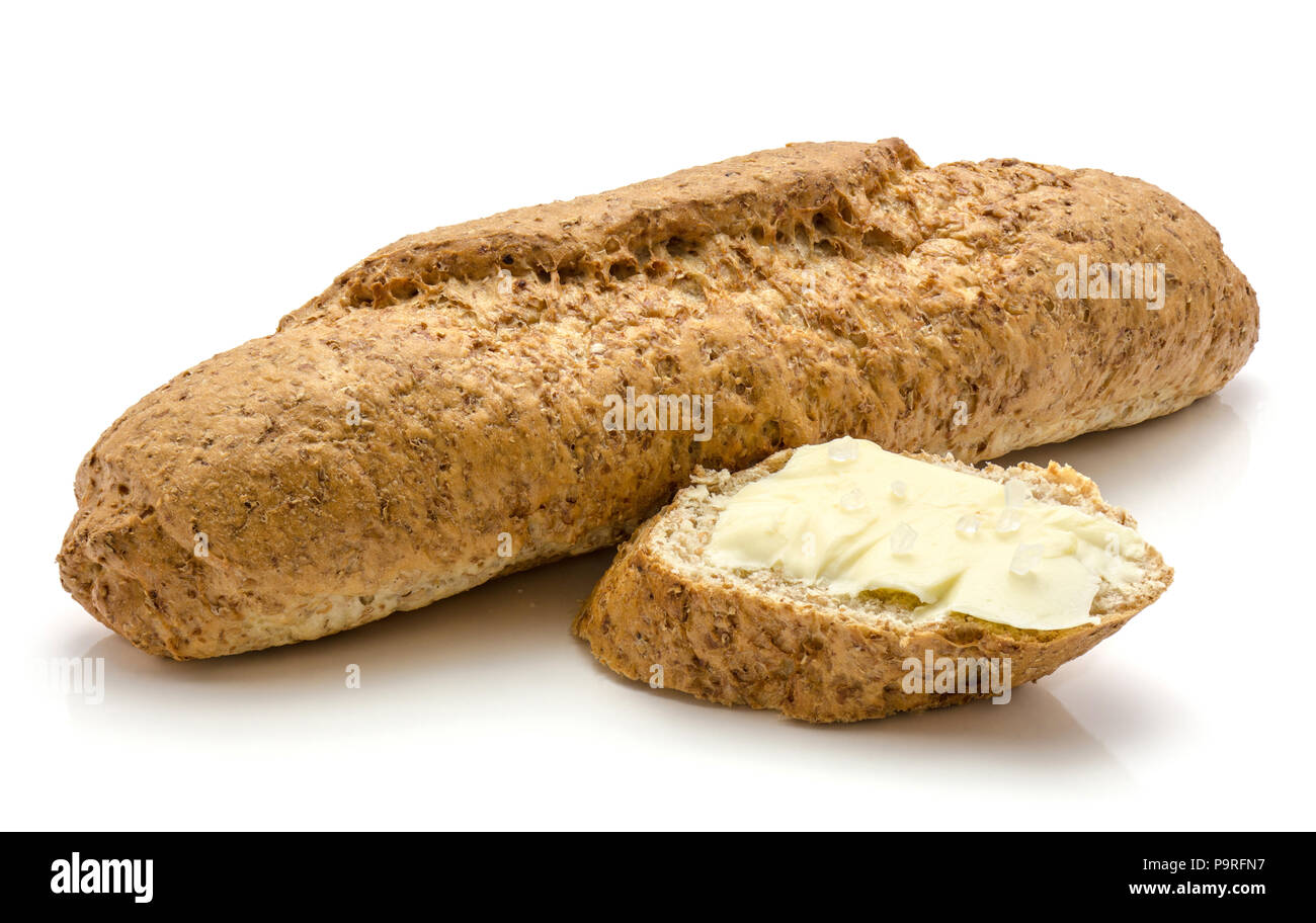 One bagel of wheat bran bread and slice with butter isolated on white