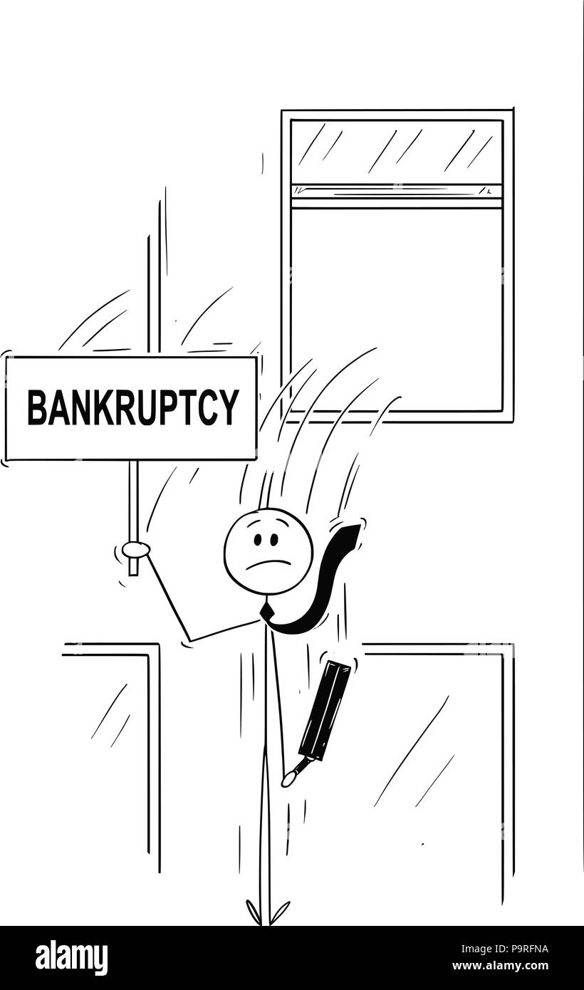 Cartoon of Businessman or Banker Jumping Out of the Window With Bankruptcy Sign Stock Vector