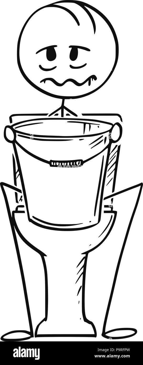 Cartoon of Sick or Drunk Man Sitting on Toilet With Bucket in Hands Stock Vector