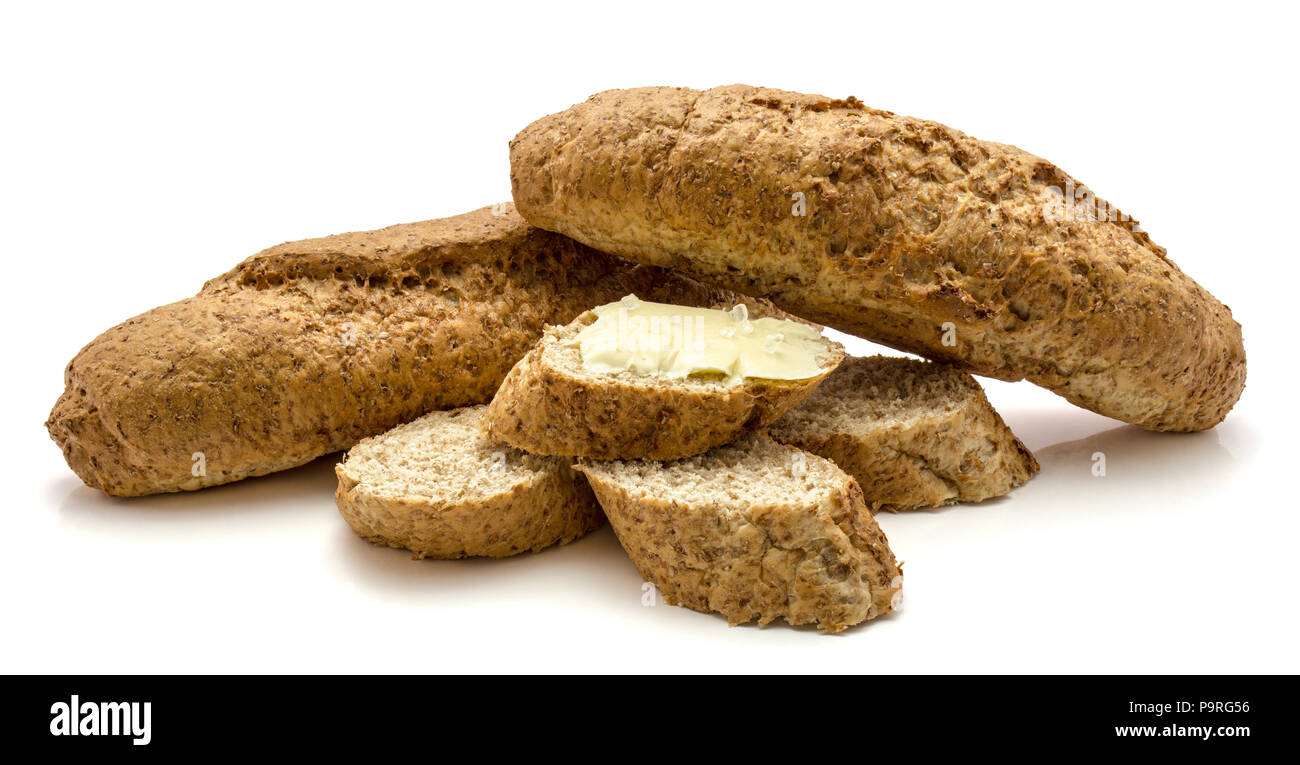 Two bagels and slices of whole wheat bran bread isolated on white ...