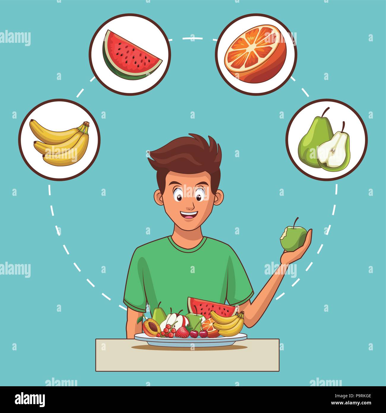 Young man with healthy food round icons vector illustration graphic ...