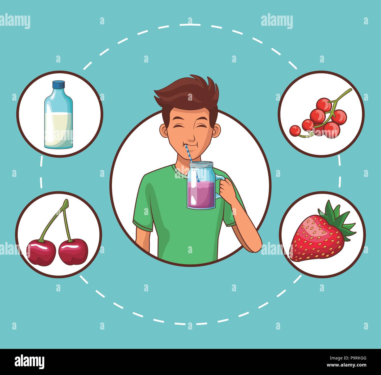 Young man with healthy food round icons vector illustration graphic ...