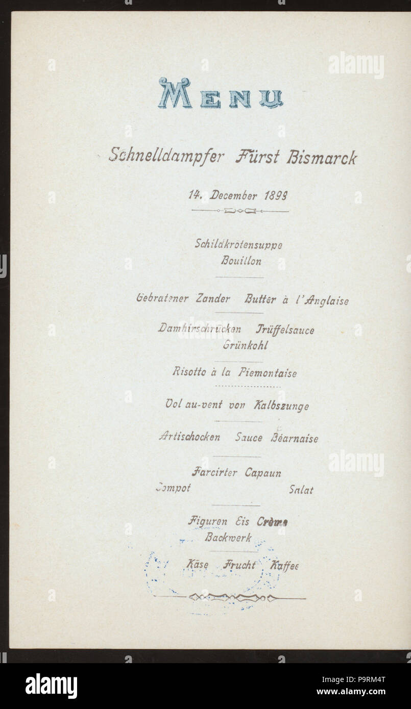 544 DINNER (held by) HAMBURG-AMERIKA LINIE (at) ENROUTE ABOARD SCHNELLDAMPFER (EXPRESS-STEAMER) FURST BISMARCK (SS;) (NYPL Hades-271985-4000006807) Stock Photo