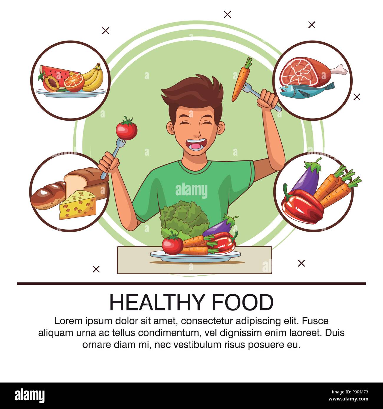 Healthy foodyoung man poster with information vector illustration ...