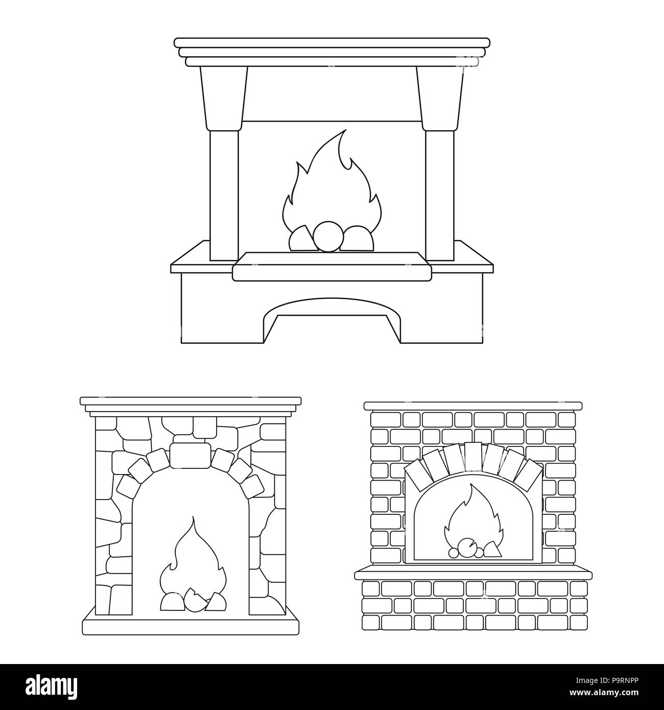 Different kinds of fireplaces outline icons in set collection for