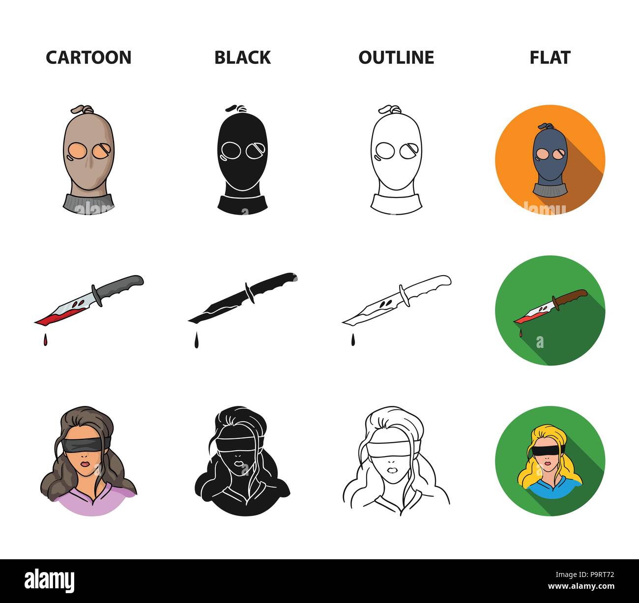 A thief in a mask, a bloody knife, a hostage, an escape from prison.Crime set collection icons in cartoon,black,outline,flat style vector symbol stock Stock Vector