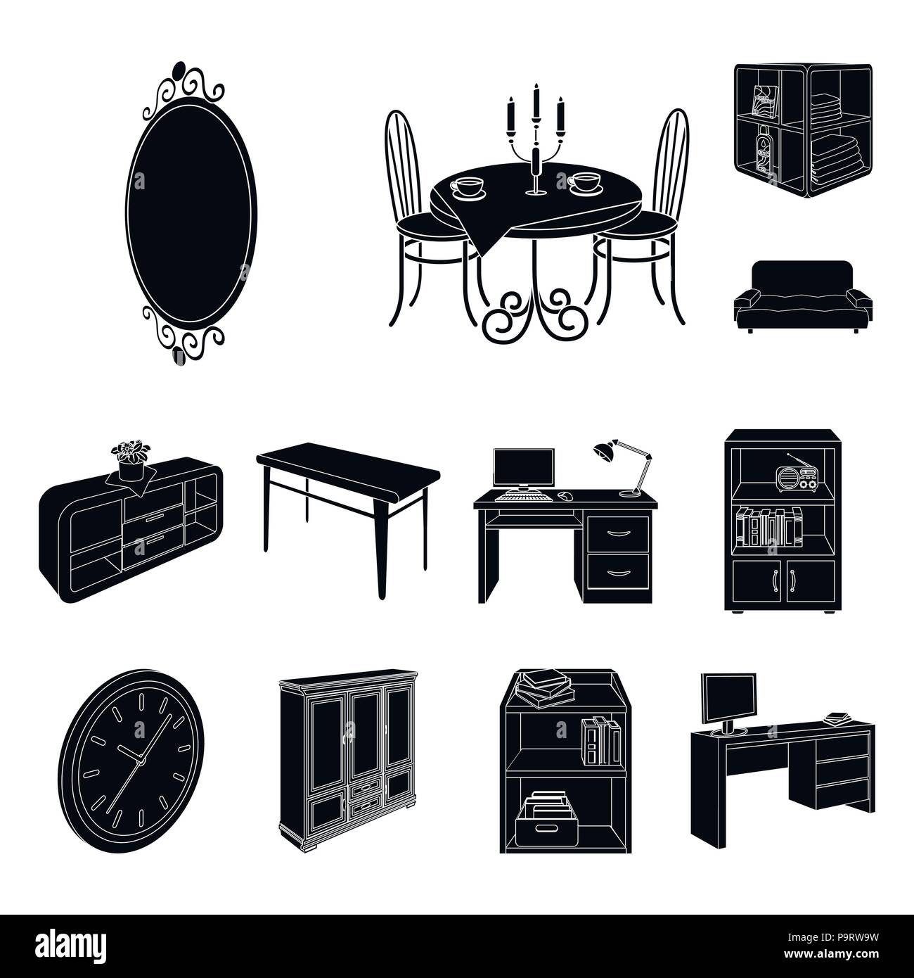 Furniture and interior black icons in set collection for design. Home ...