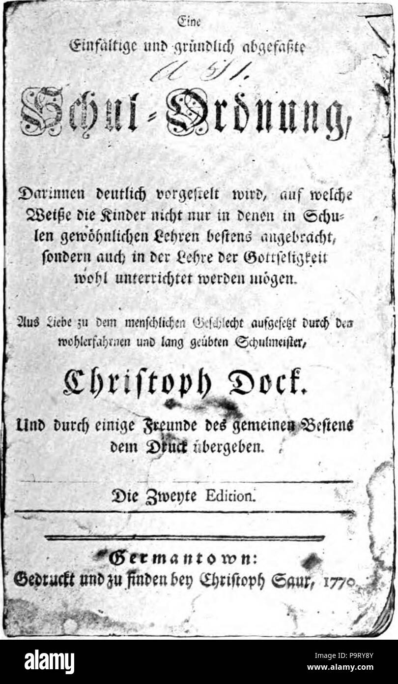 311 Christopher Dock Schul-Ordnung title page Stock Photo