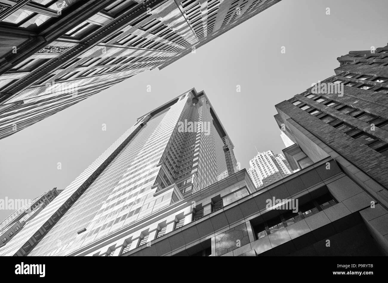 Looking up at New York buildings, Manhattan, USA. Stock Photo