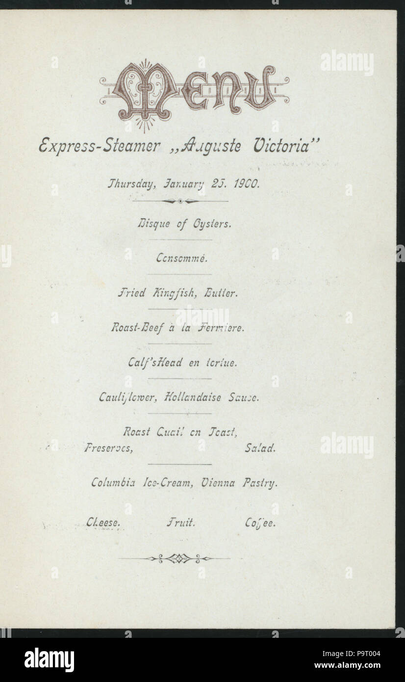 544 DINNER (held by) HAMBURG-AMERIKA LINIE (at) SS AUGUSTE VICTORIA (SS;) (NYPL Hades-272398-4000007390) Stock Photo