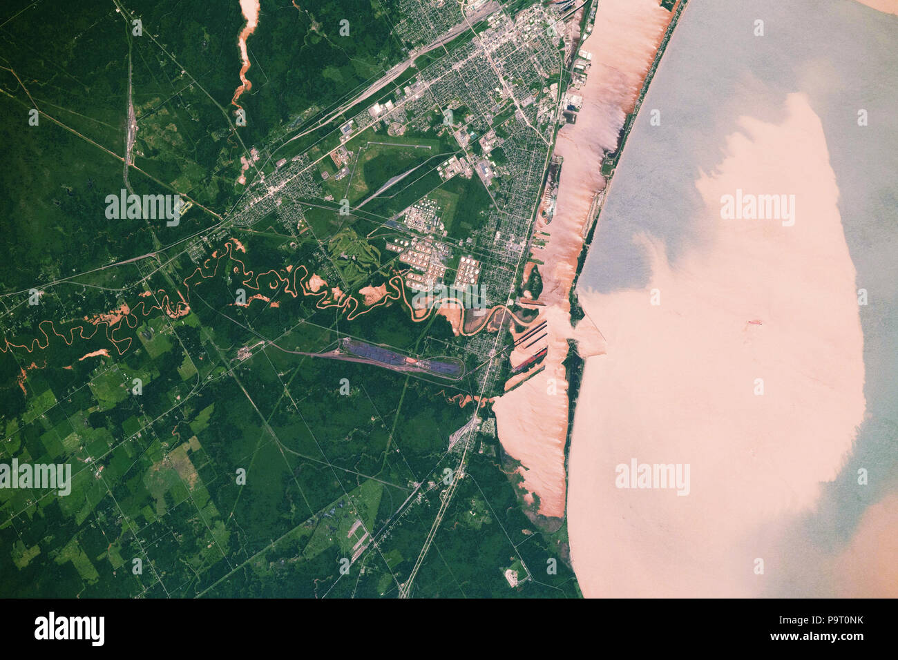 NASA satellite image sediment outwash into Lake Superior, near Duluth, Minnesota, USA 19 July 2018 Stock Photo
