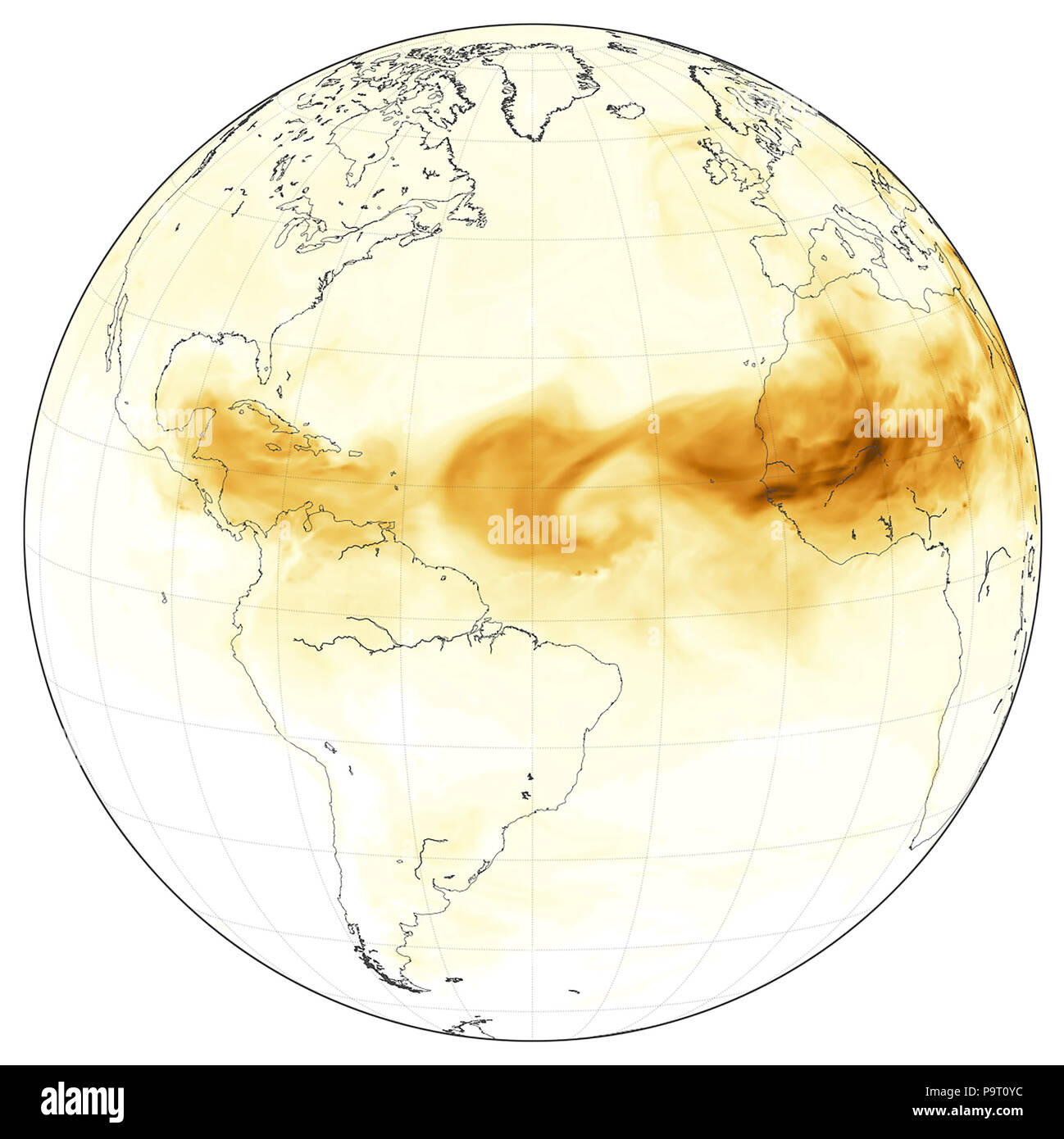 NASA satellite image data used to create graphic of globe showing Saharan dust crossing Atlantic Ocean 6 June 2018 Stock Photo