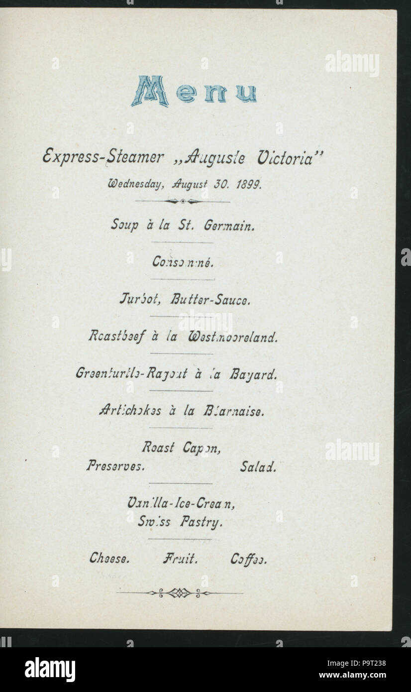 577 DINNER) (held by) HAMBURG AMERIKA LINIE (at) EXPRESS-STEAMER AUGUSTE VICTORIA (SS;) (NYPL Hades-271780-4000006368) Stock Photo