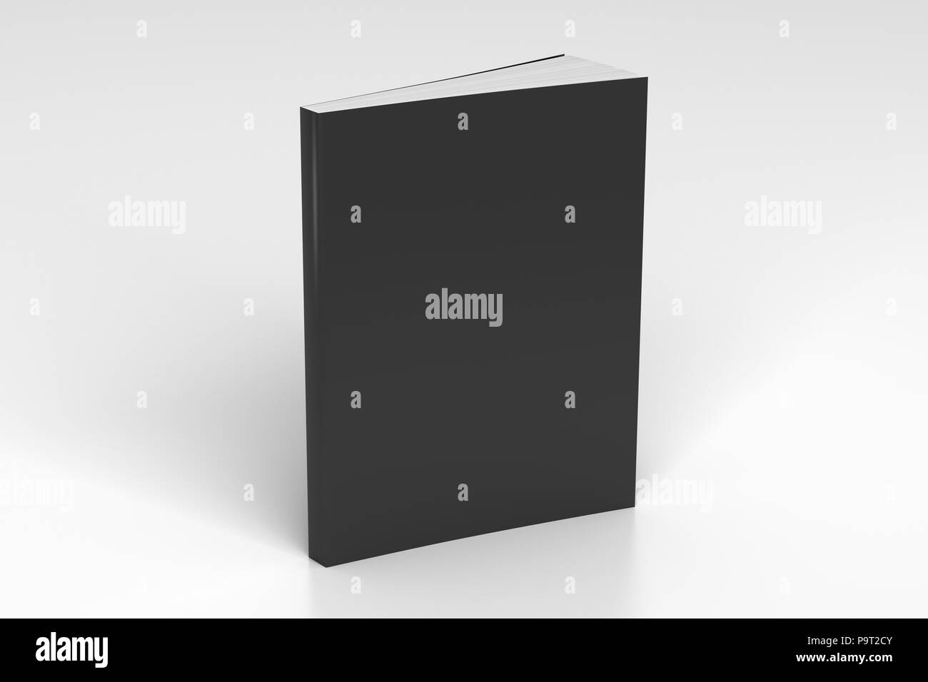 Blank black vertical soft cover book standing on white background