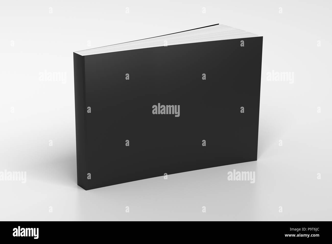 Blank black horizontal soft cover book standing on white background