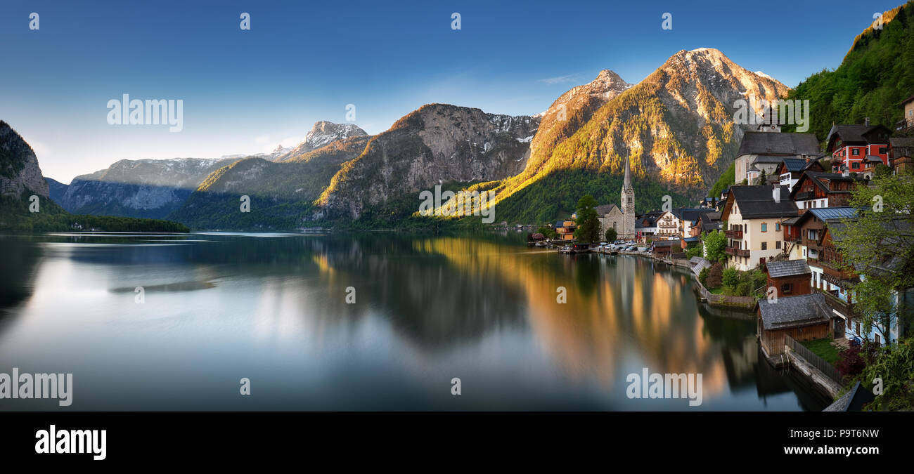 Panorama Of Mountain Landscape In Austria Alp With Lake Hallstatt