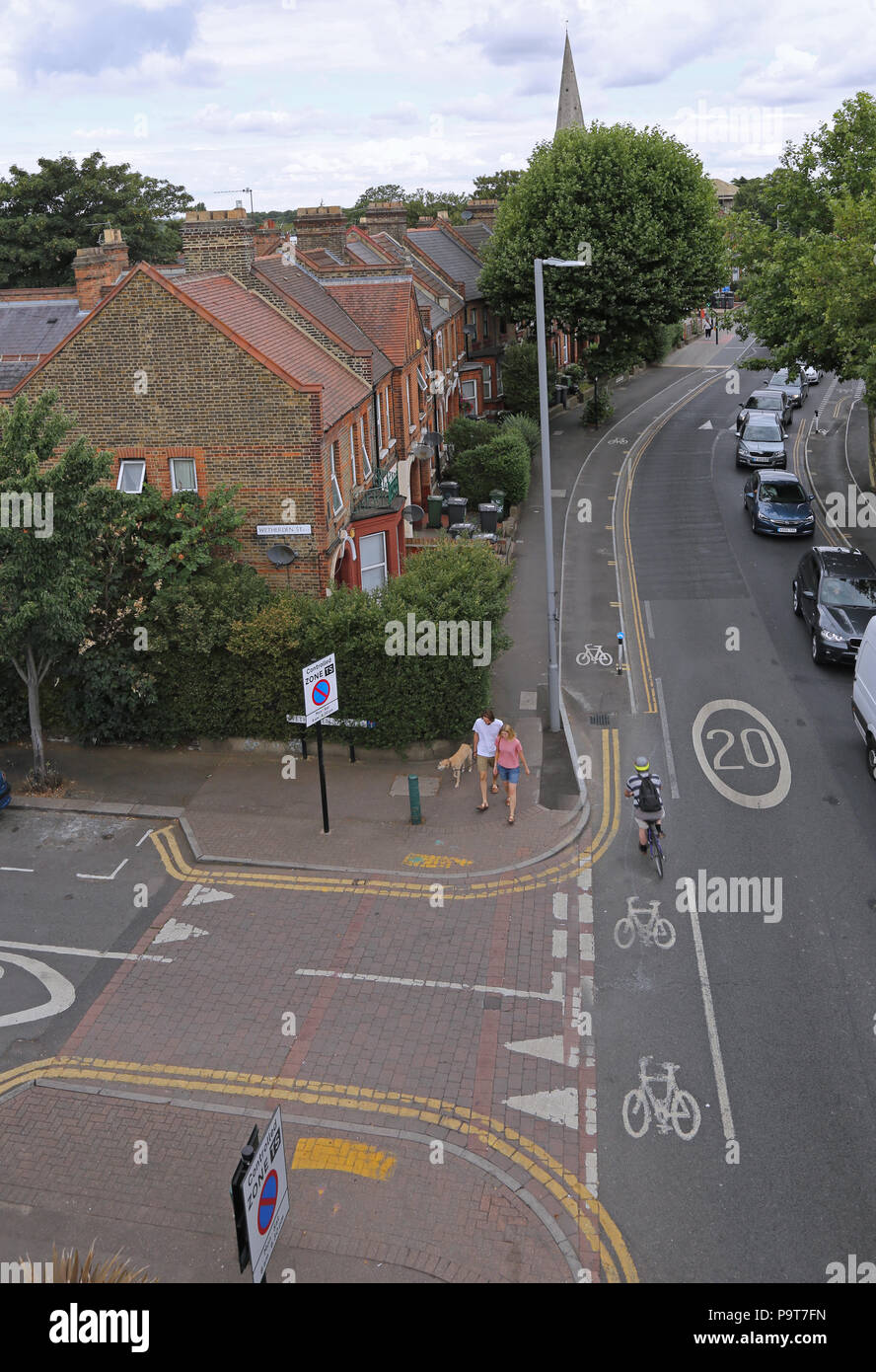 High level view of Markhouse Road, London E17. A busy, urban road newly remodelled to include separated cycle lanes and pedestrian-friendly junctions Stock Photo