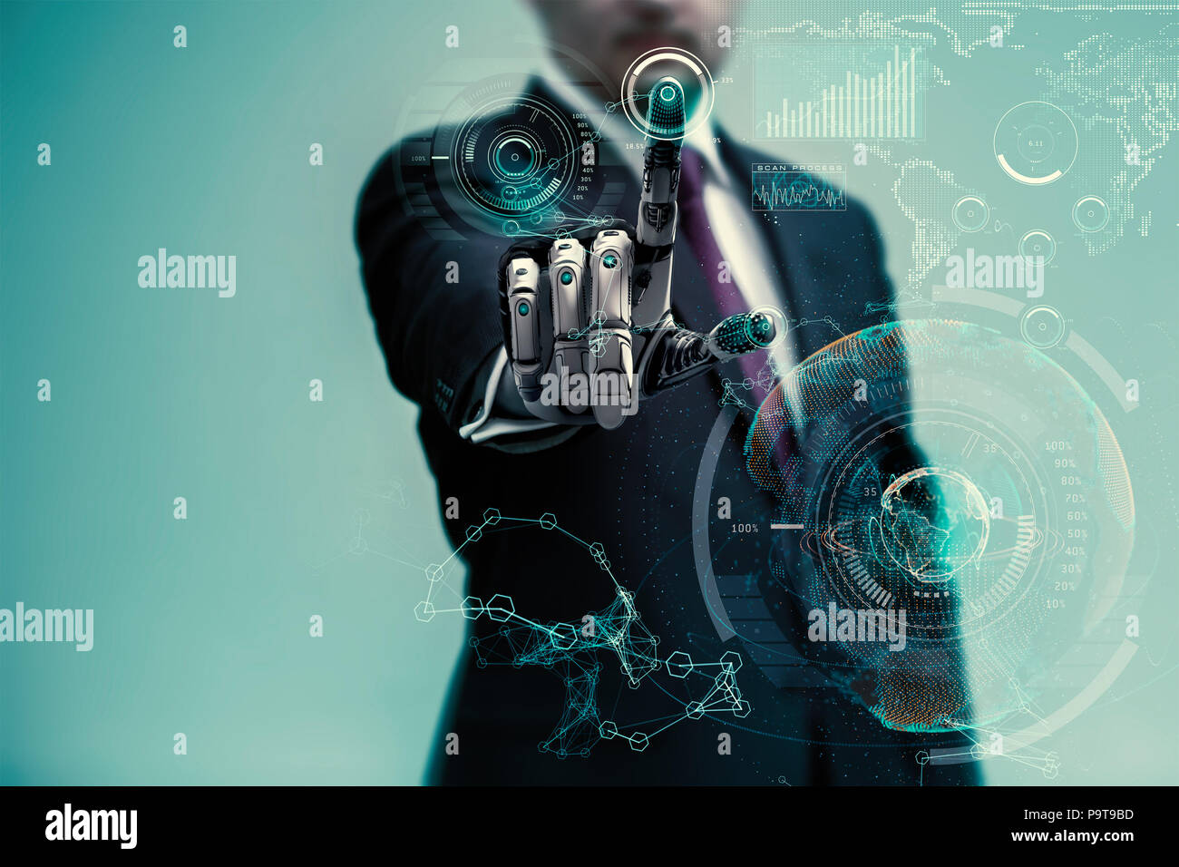 businessman operating virtual hud interface and manipulating elements