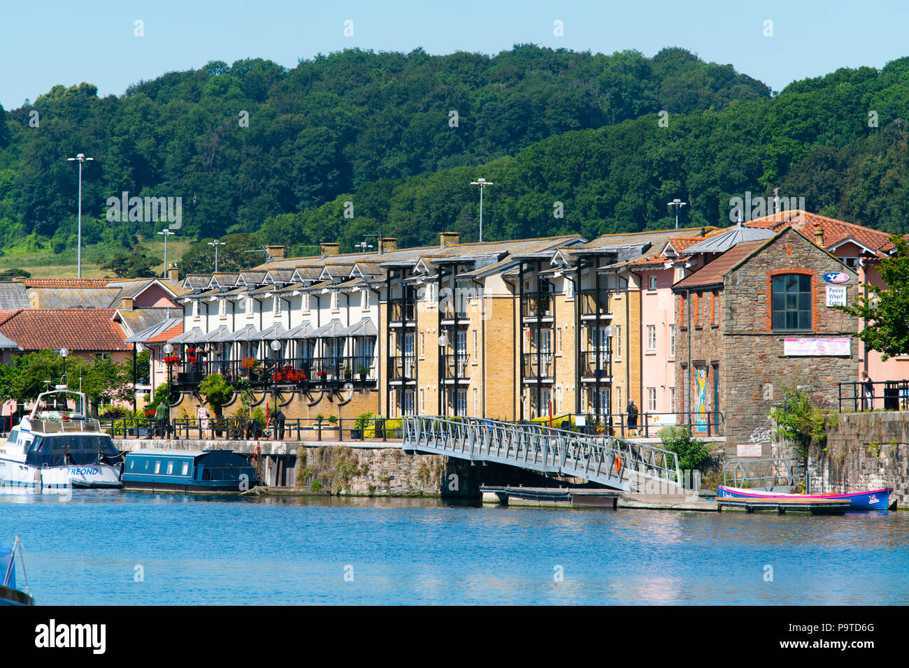 Houses overlooking the harbourside dock area of Hotwells in Bristol on a sunny summer day. Stock Photo