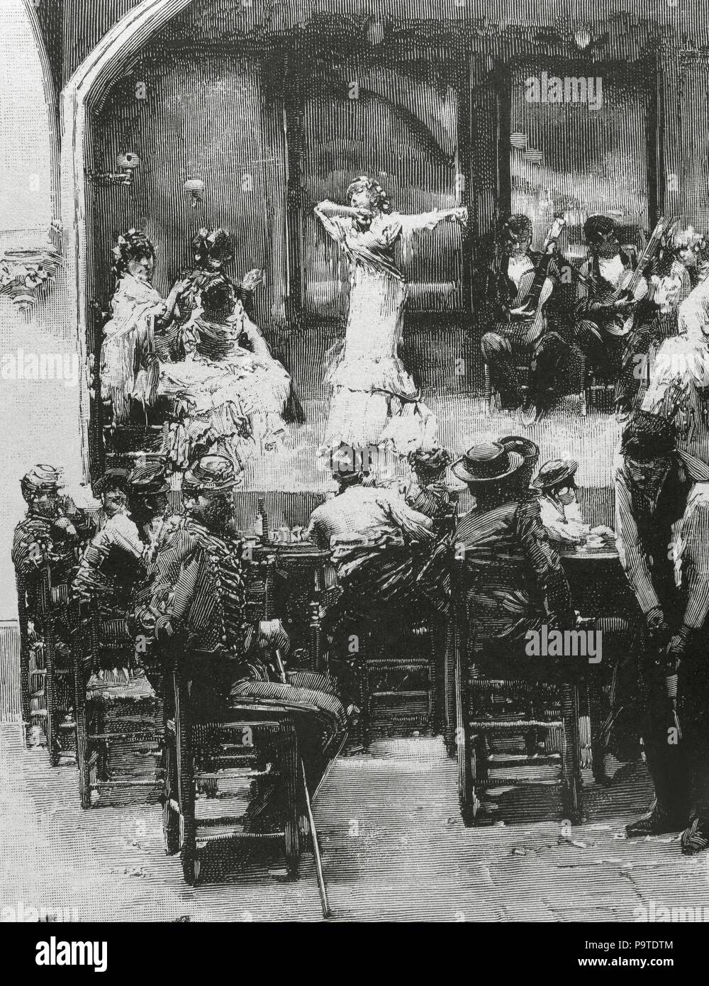 Spain. Seville. Show in a tablao flamenco. Engraving. 'La Ilustracion Espanola y Americana', 1885. Stock Photo
