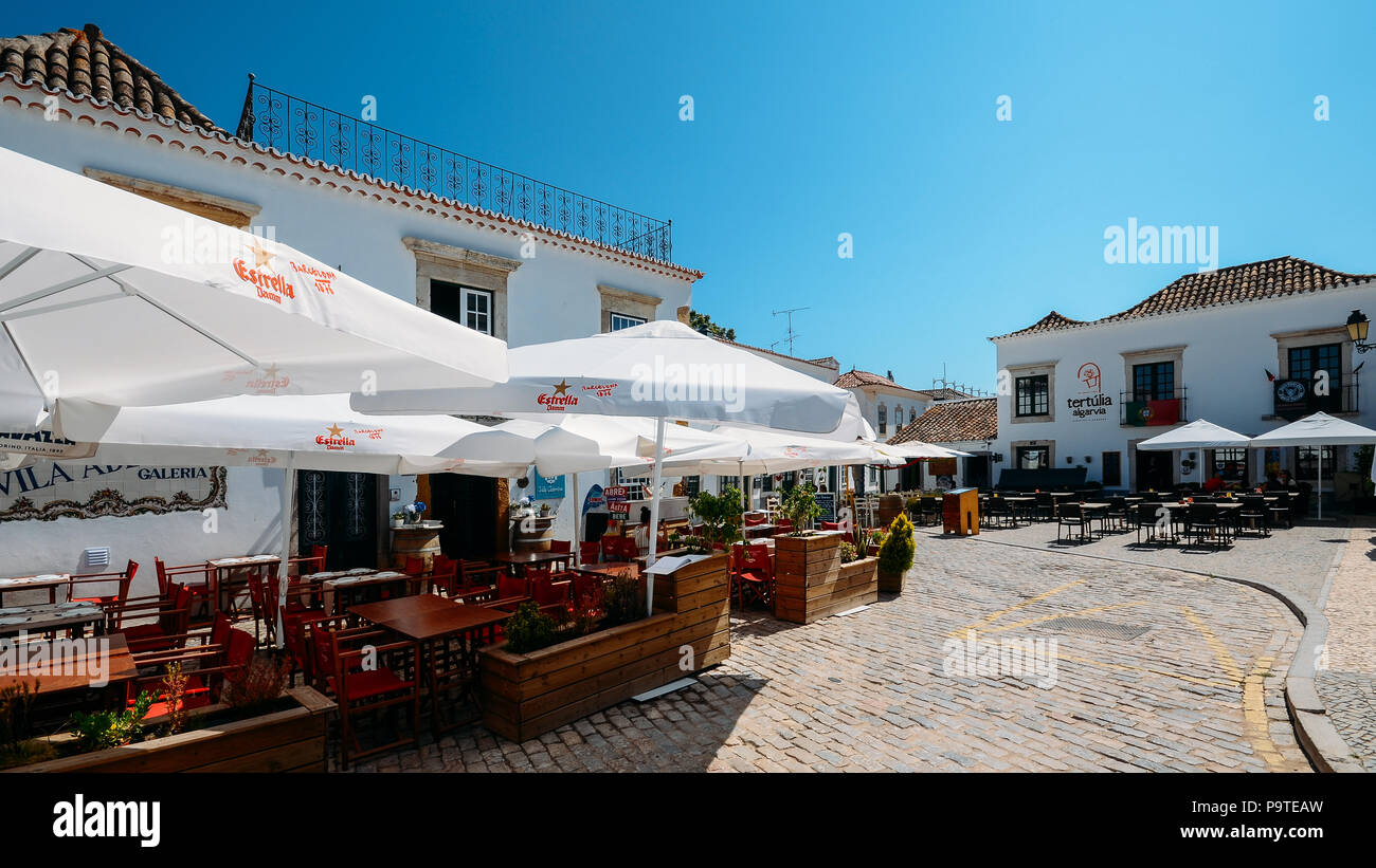 Restaurant terrace in the historic centre of Faro, Algarve, Portugal. Stock Photo