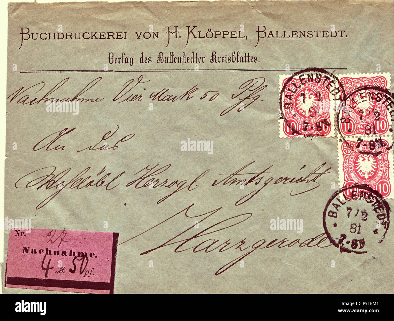 . German Empire; envelope of a Cash-on-delivery (C.O.D.) letter from Ballenstedt to Harzgerode (then Duchy of Anhalt) from 1881 Stamp: 3 x Michel No. 41a (without '...e' at the currency name), red Franked nominal value: 30 Pfennig C.O.D. amount: 4,50 Mark Postmark: Ballenstedt, 7 February 1881 Receiver: Ducal District Court in Harzgerode Postage validity of the stamp: from 1880 until 31 January 1891 . 7 February 1881 (date of postmark) 331 CODenvelope Ballenstedt 1881 Stock Photo