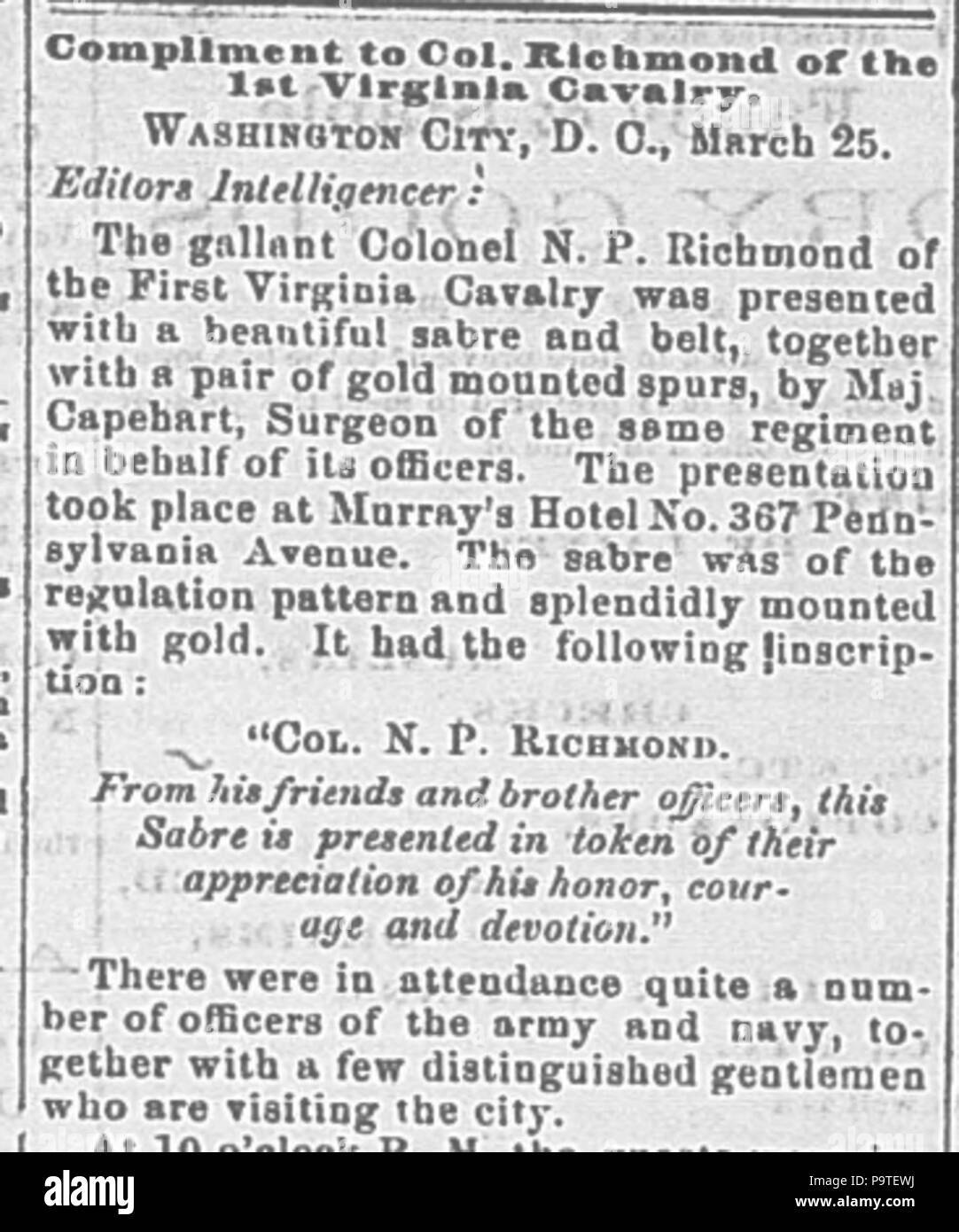 333 Col N P Richmond 1WVA Cav Wheeling Daily Intelligencer 4-4-1863 Page 1 Stock Photo