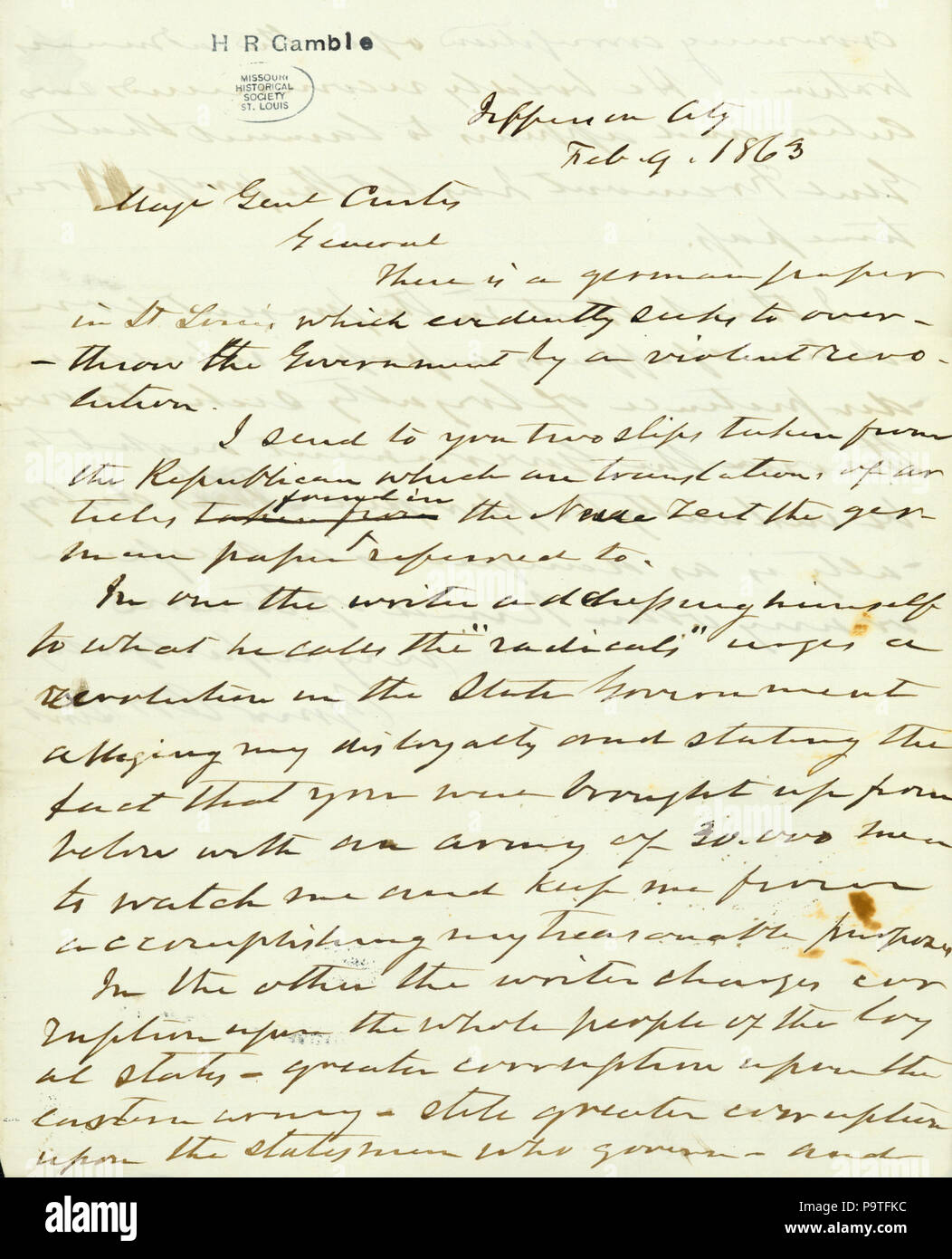347 Contemporary copy of unsigned letter, Jefferson City, to Maj. Gen. Curtis (Samuel R. Curtis), February 9, 1863 Stock Photo