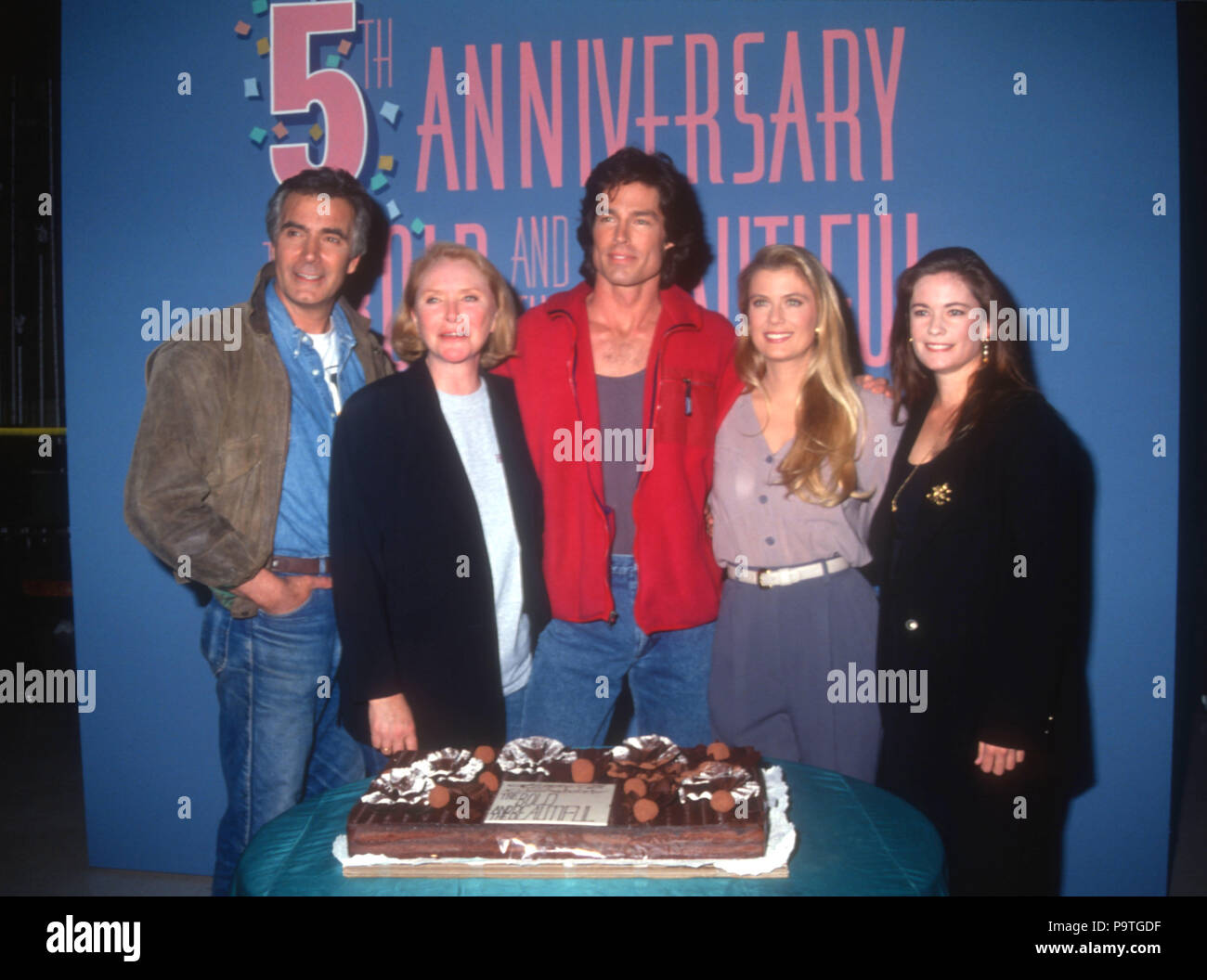 LOS ANGELES, CA - MARCH 23: (L-R) Actor John McCook, actress Susan Flannery, actor Ronn Moss, actresses Katherine Kelly Lang and Joanna Johnson attend 5th Anniversary Celebration for 'The Bold and the Beautiful' soap opera on March 23, 1992 at CBS Television City in Los Angeles, California. Photo by Barry King/Alamy Stock Photo Stock Photo