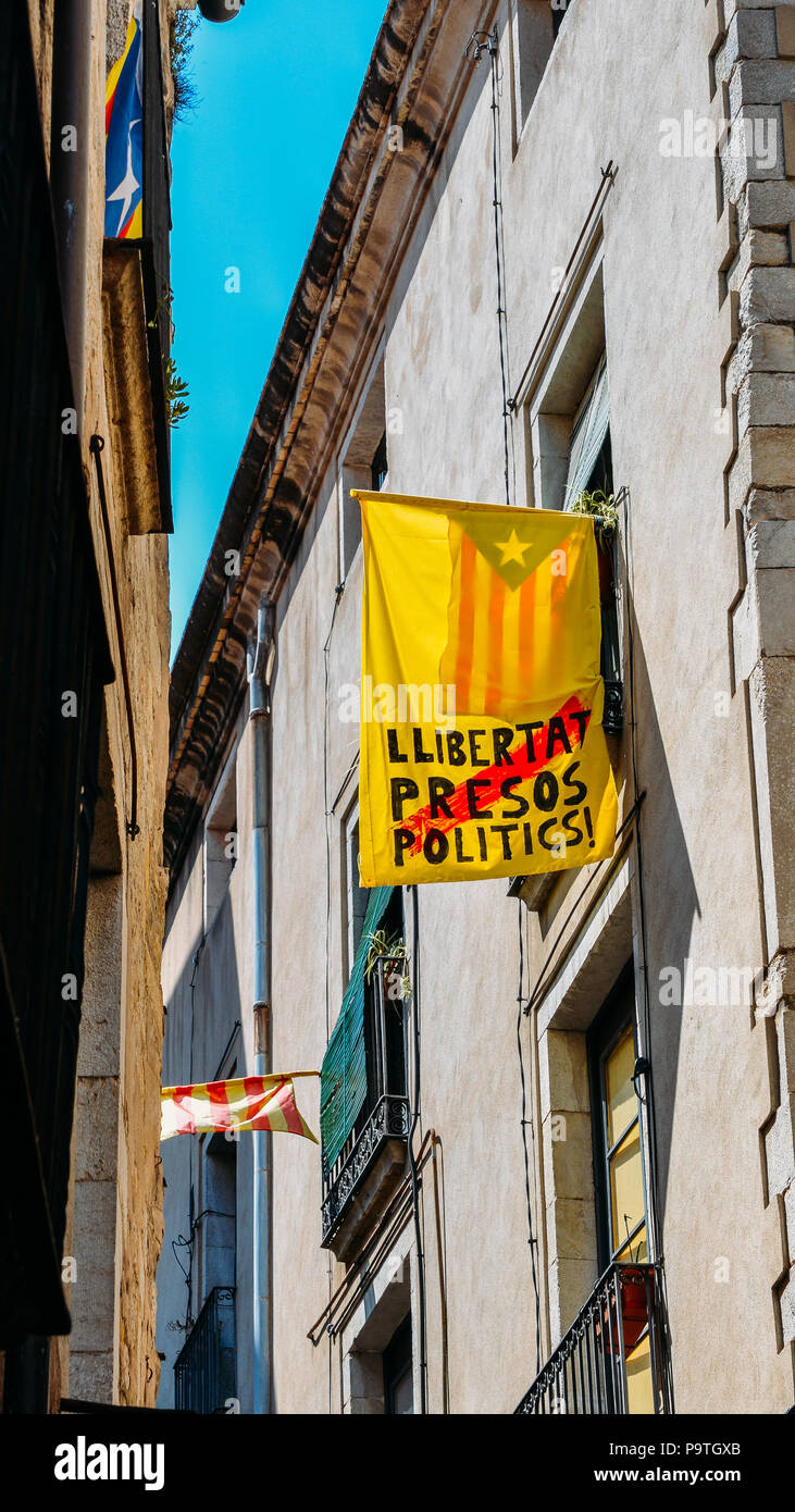 Catalonia Independence Flags on balconies in Girona, Catolonia, Spain Stock Photo