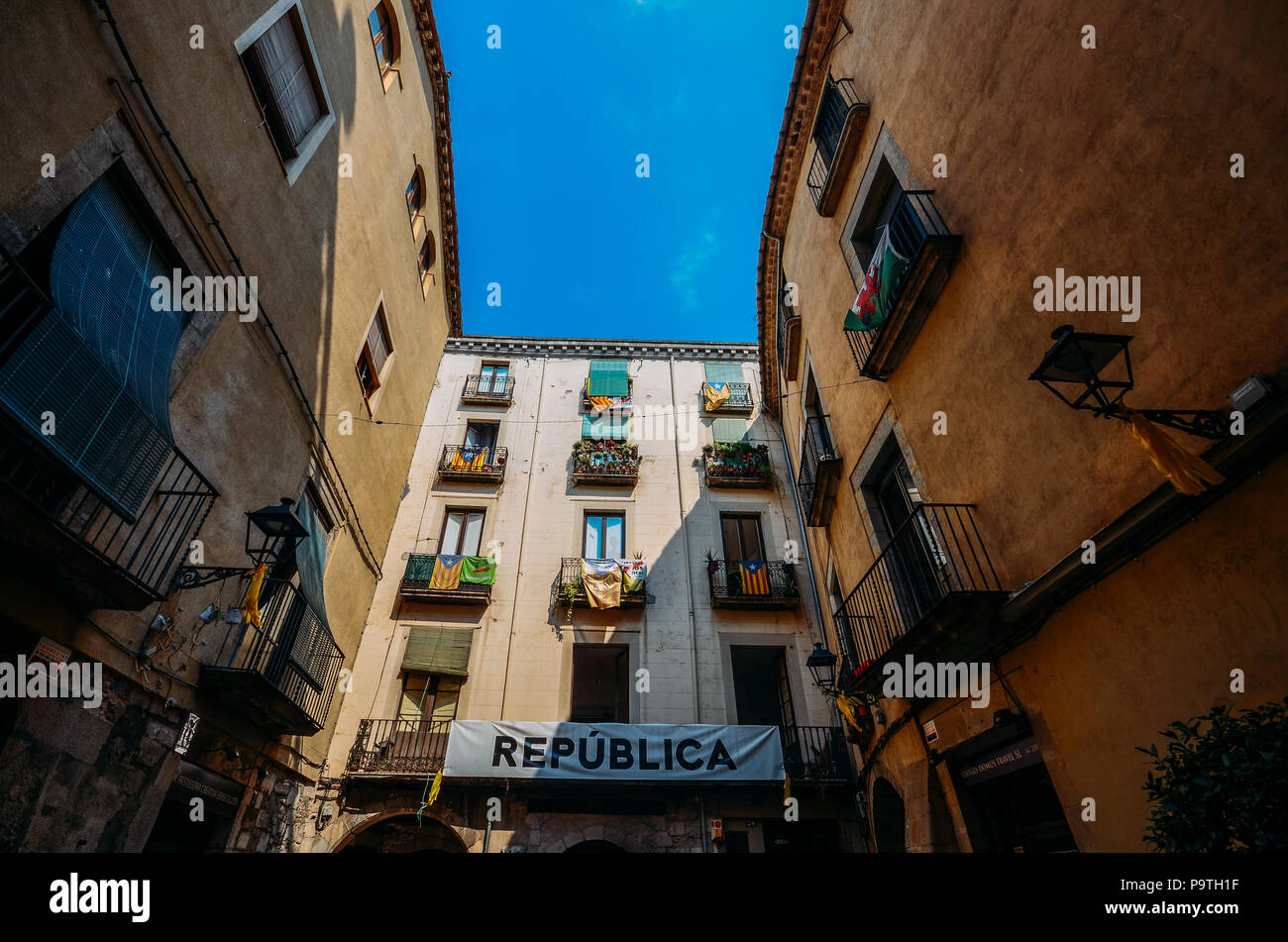 Catalonia Independence Flags on balconies in Girona, Catolonia, Spain Stock Photo