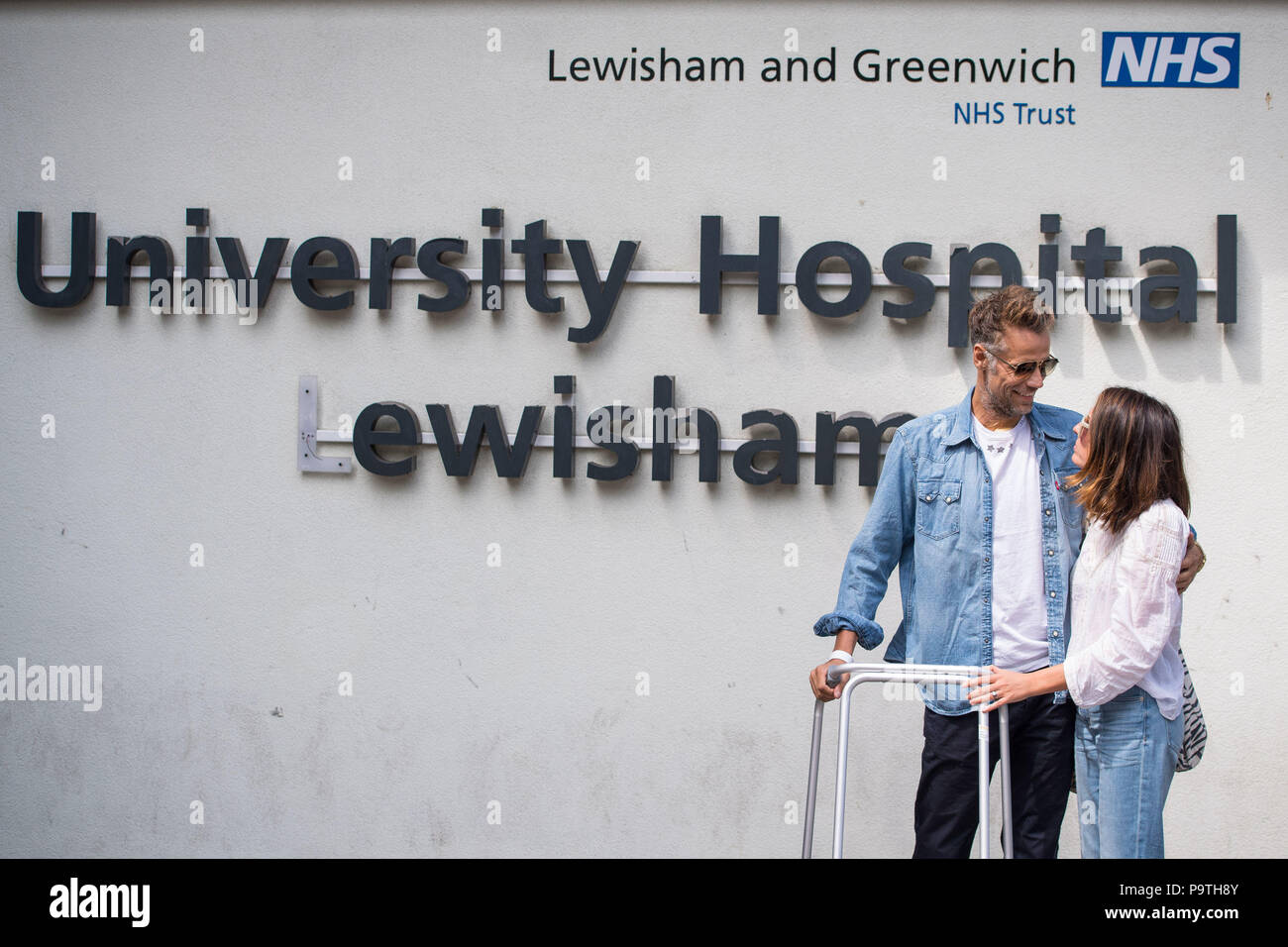Former BBC TV Blue Peter presenter Richard Bacon leaves Lewisham Hospital in south east London with his wife Rebecca. Stock Photo