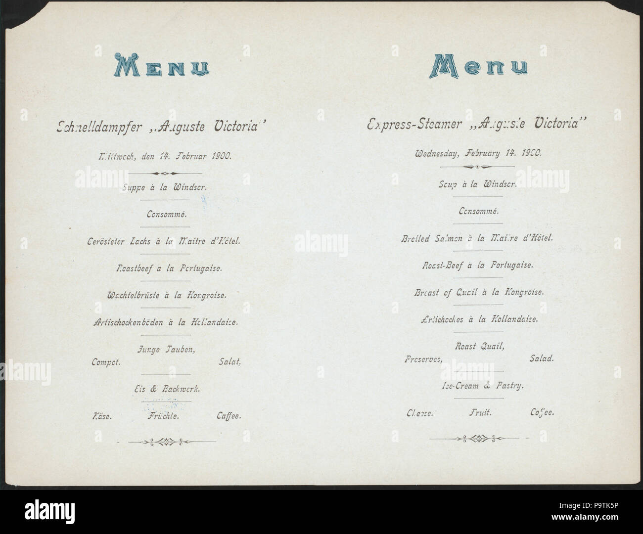 544 DINNER (held by) HAMBURG-AMERIKA LINIE (at) SS AUGUSTE VICTORIA (SS;) (NYPL Hades-272772-4000008086) Stock Photo
