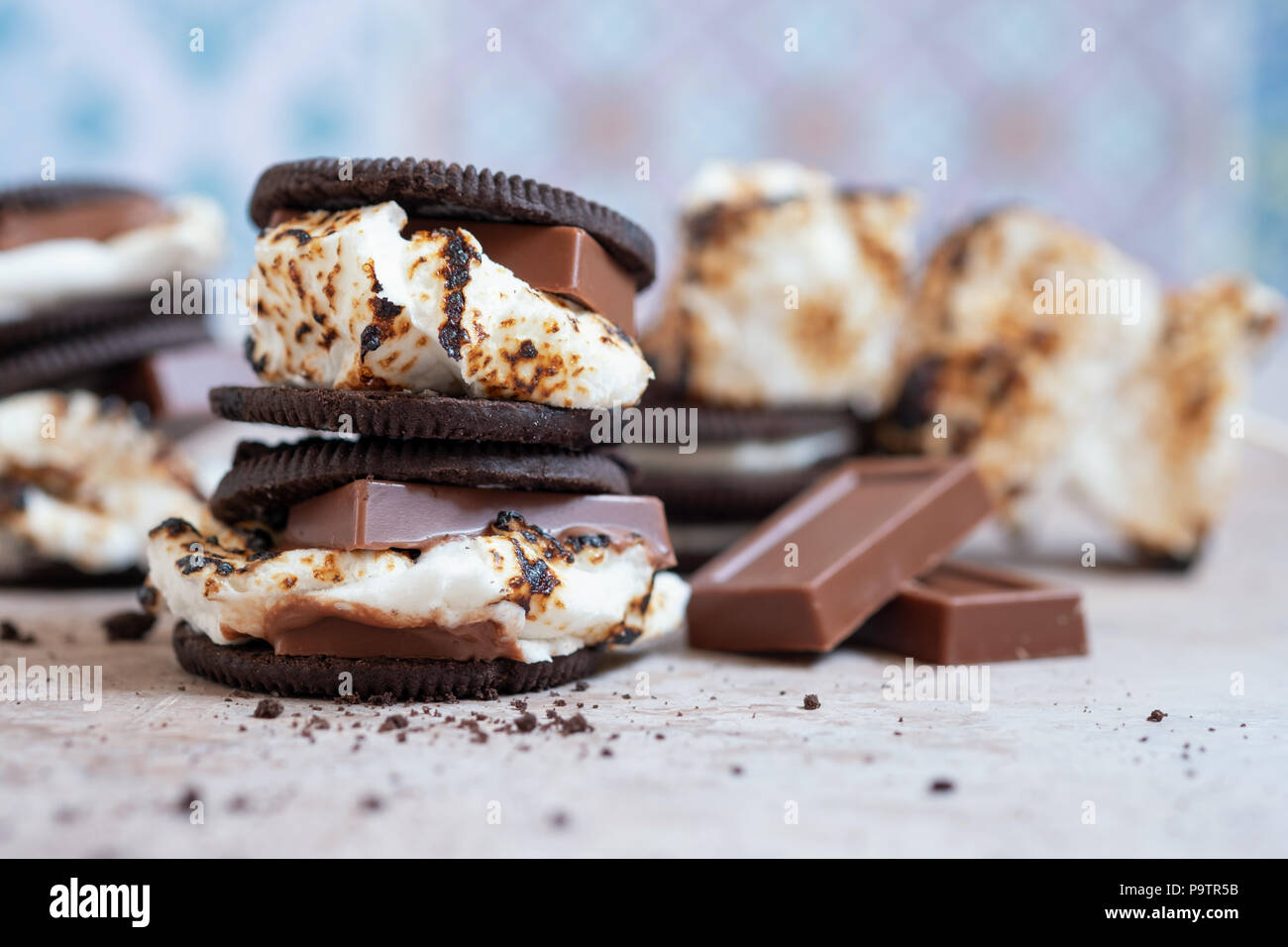 marshmallow smores with chocolate cookies Stock Photo Alamy