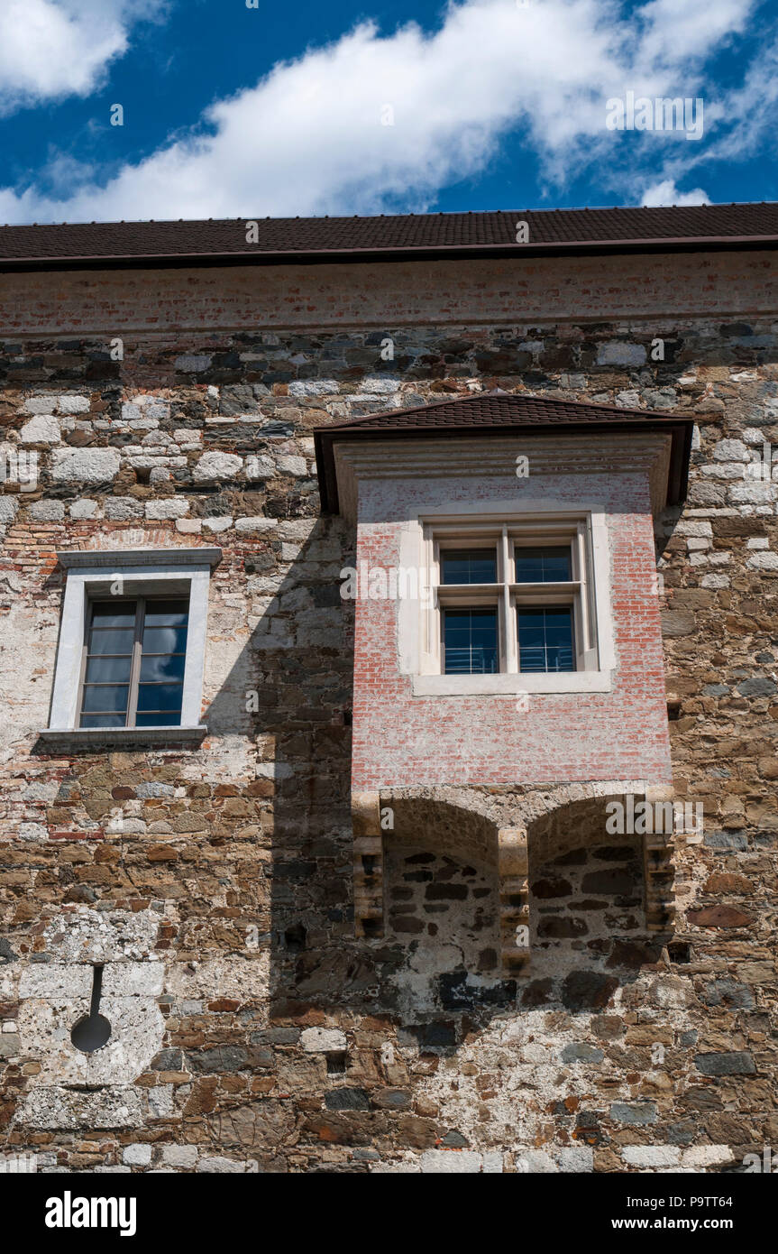 Slovenia: windows of the Ljubljana Castle (Ljubljanski grad), former medieval fortress of the 11th century, a castle complex standing on Castle Hill Stock Photo