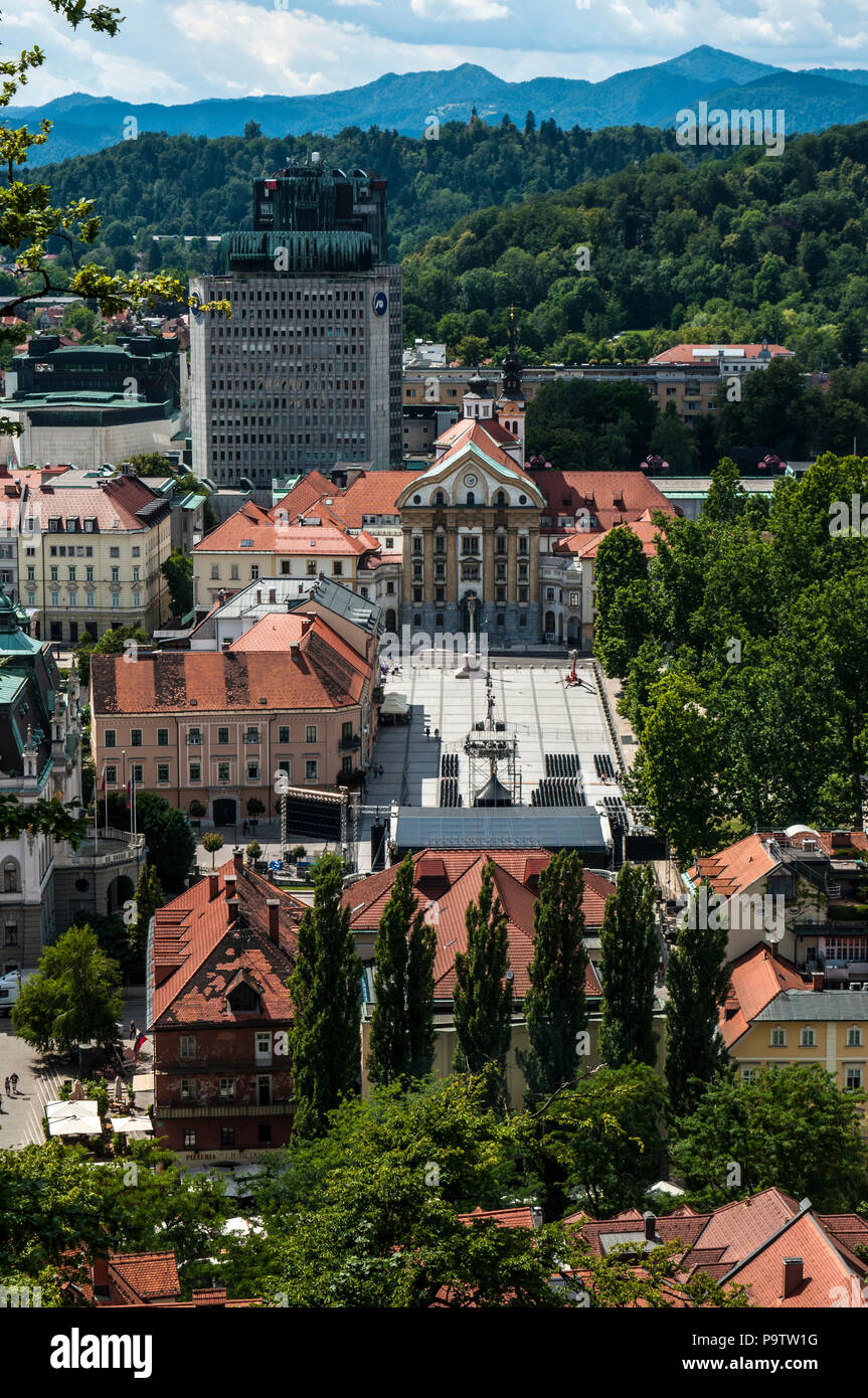 Slovenia: aerial view of Congress Square of Ljubljana, built in 1821 at the site of the ruins of a medieval Capuchin monastery, seen from Castle Hill Stock Photo