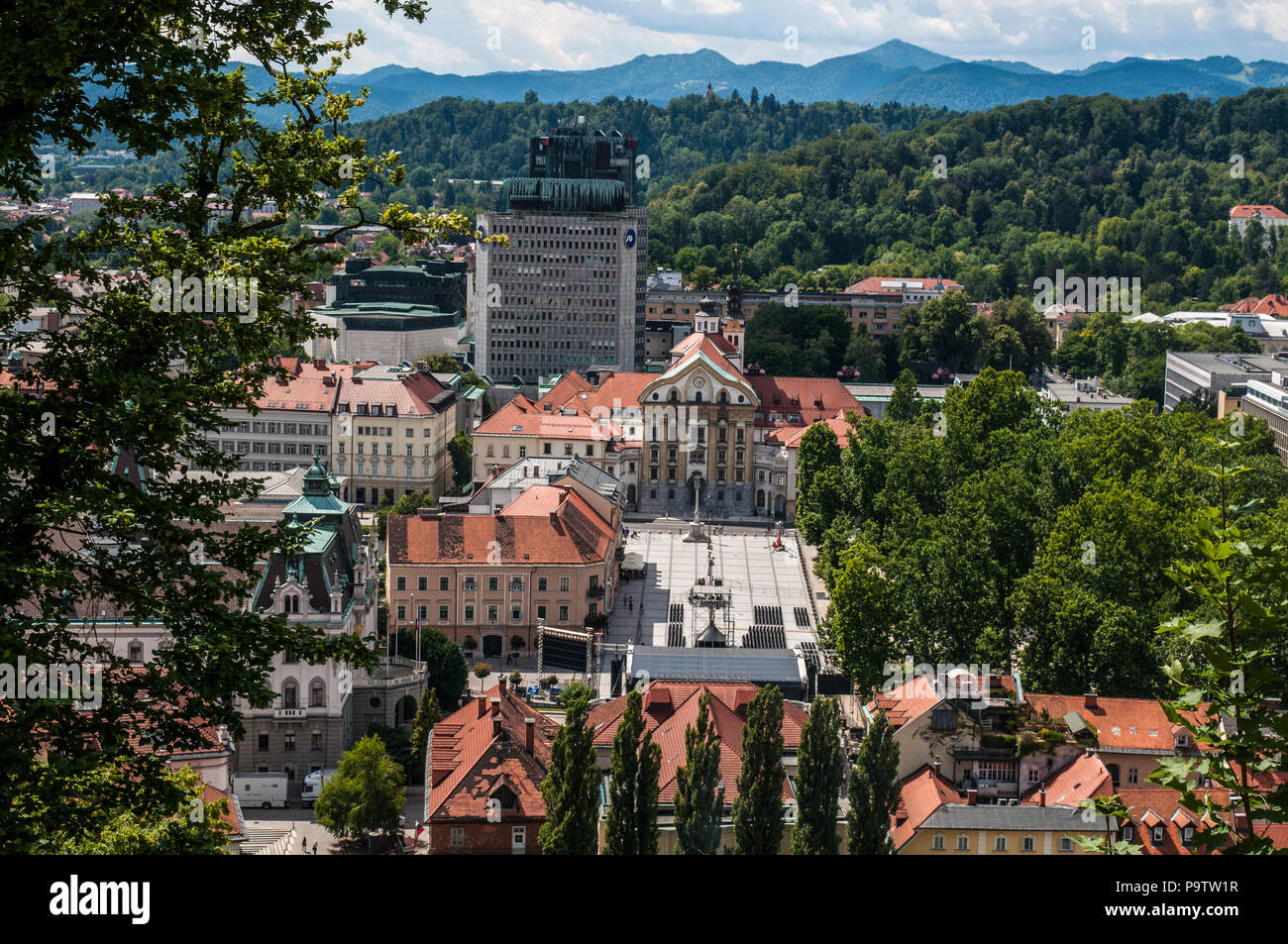 Slovenia: aerial view of Congress Square of Ljubljana, built in 1821 at the site of the ruins of a medieval Capuchin monastery, seen from Castle Hill Stock Photo