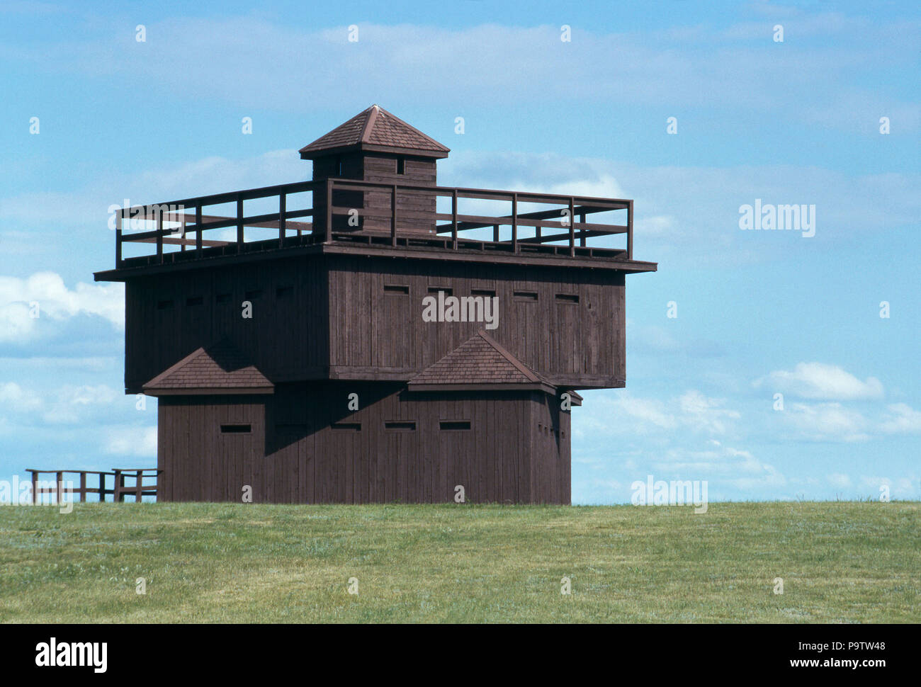 Fort McKeen blockhouse replica, renamed Fort Abraham Lincoln, built during the Indian Wars, North Dakota, 1870s. Photograph Stock Photo
