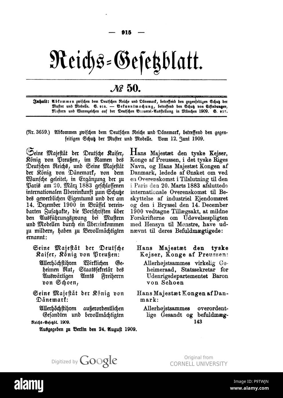 434 Deutsches Reichsgesetzblatt 1909 050 0915 Stock Photo