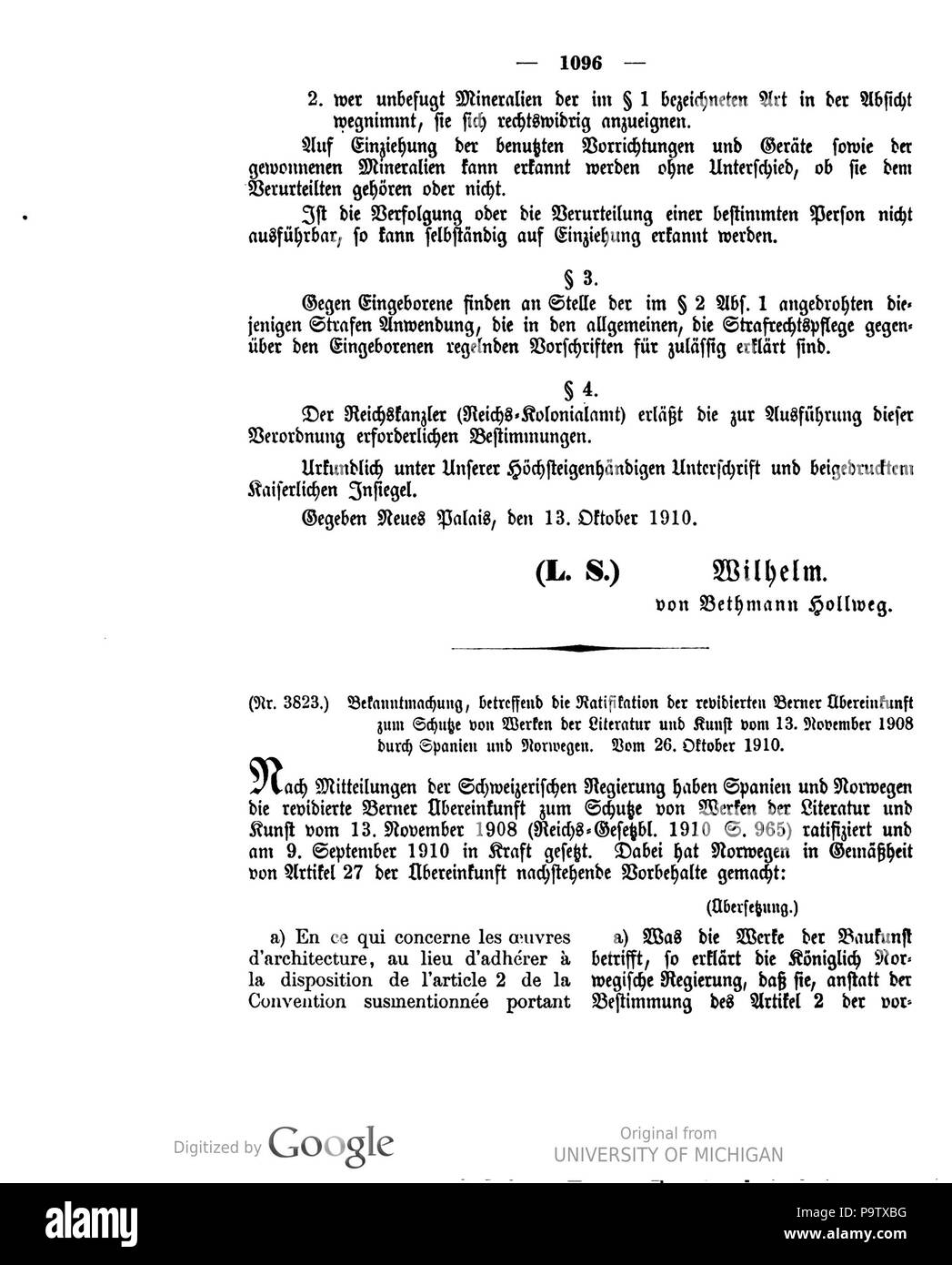 441 Deutsches Reichsgesetzblatt 1910 055 1096 Stock Photo