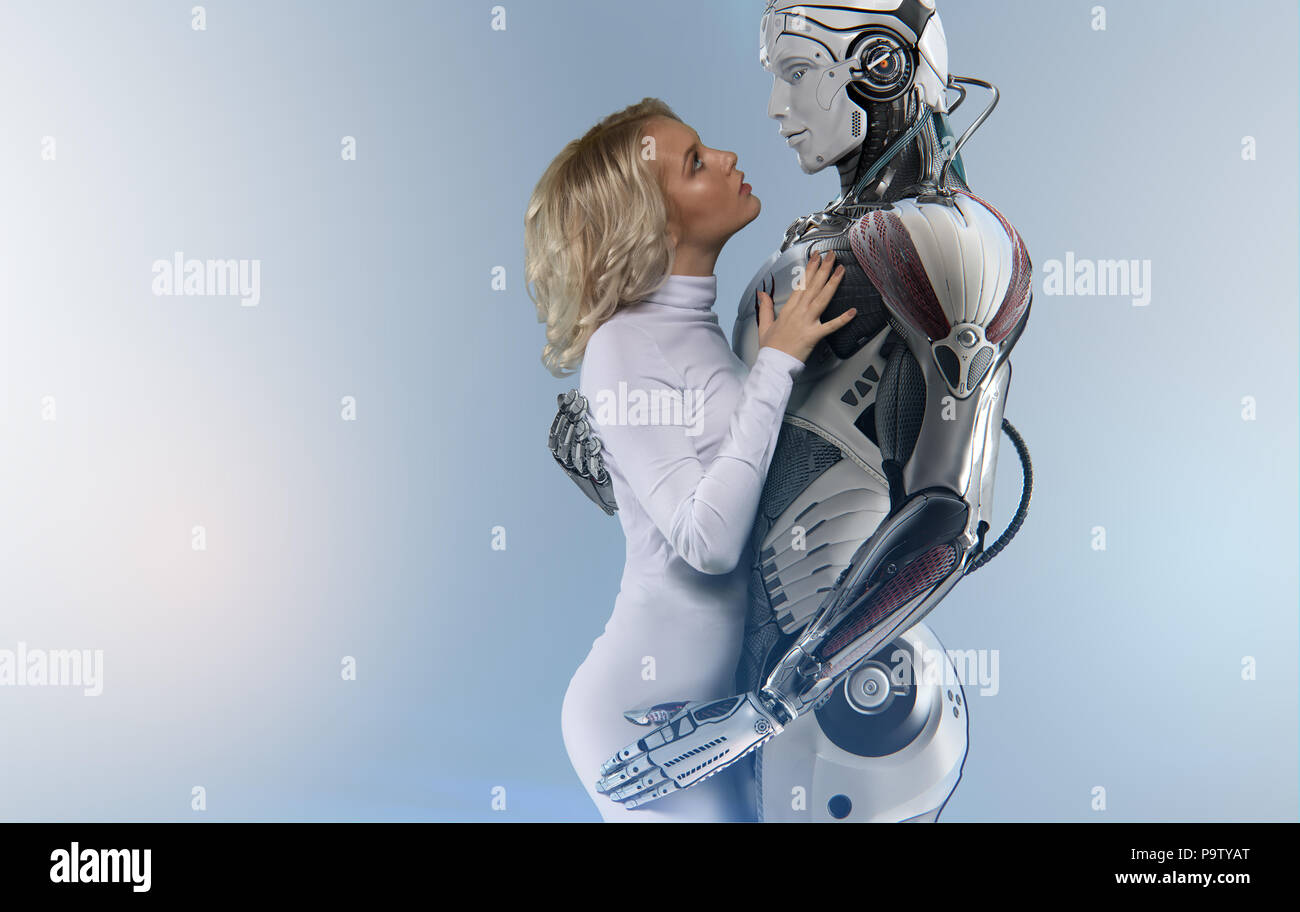 Human and robot relationship concept, attractive blue-eyed blonde wearing  white bodysuit, gently embracing a male cyborg, looking into his eyes  agains Stock Photo - Alamy