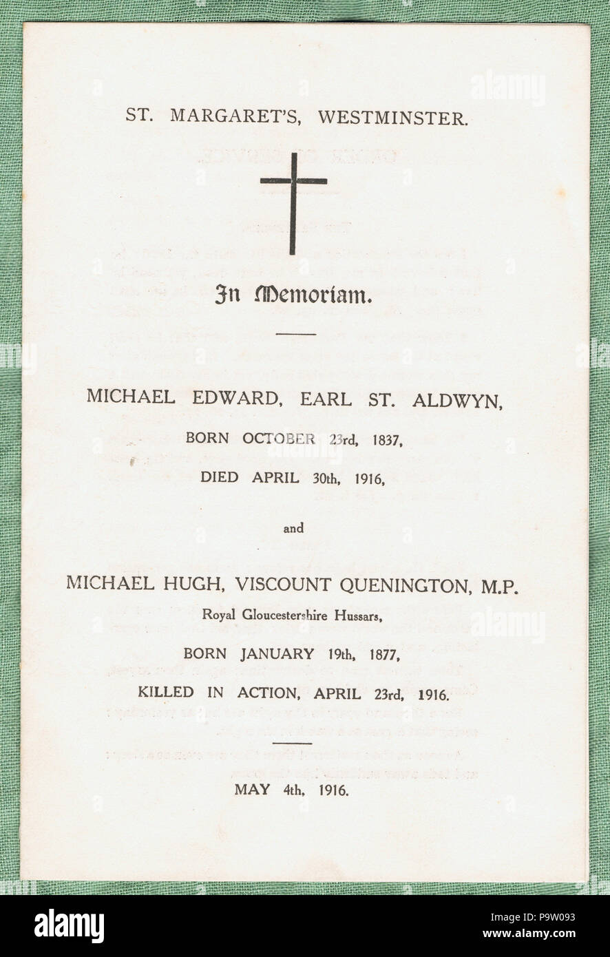 354 Cover of memorial service sheet, 4 May 1916, for 1st Earl St. Aldwyn (1837-1916) &amp; Viscount Quenington (1877-1916) Stock Photo