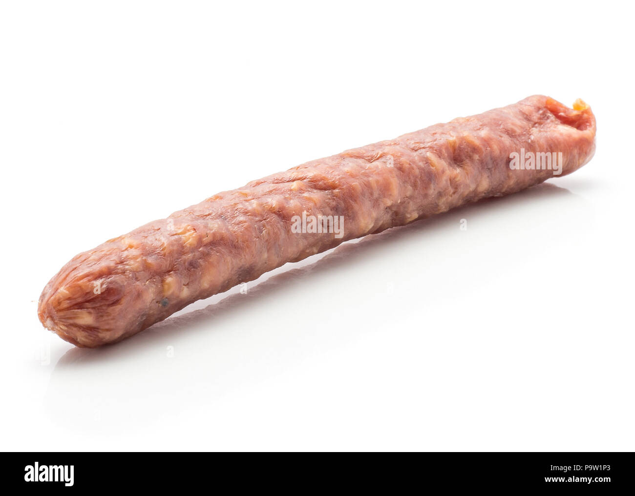 Hungarian dry sausage pepperoni isolated on white background one smoked in natural casing mixed