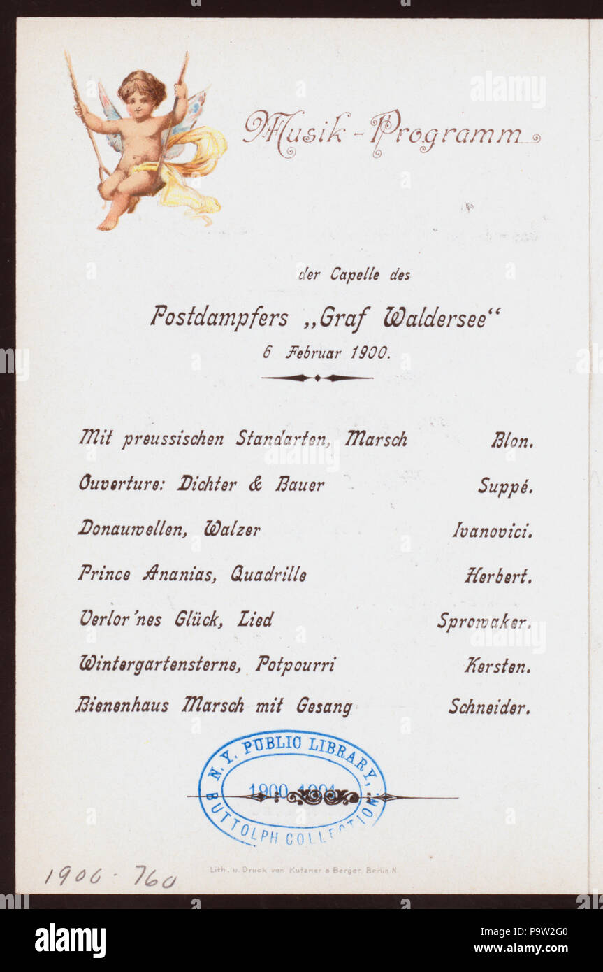 541 DINNER (held by) HAMBURG AMERIKA LINIE (at) POSTDAMPFER GRAF WALDERSEE (SS;) (NYPL Hades-272606-4000007799) Stock Photo